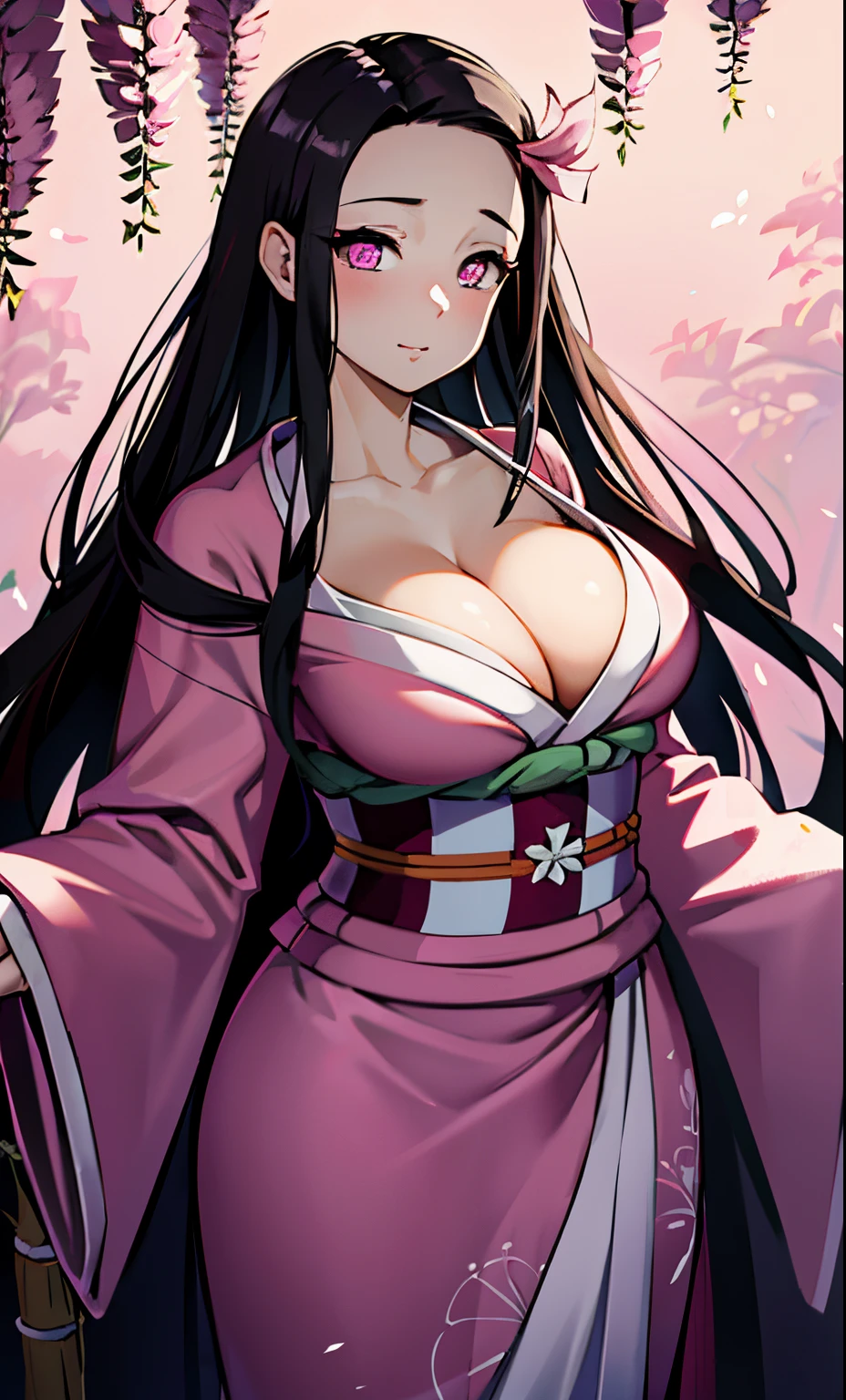 masterpiece, (pink kimono), seductive face, good lighting, décolleté, fine details, masterpiece, glowing eyes, 1girl, black hair, gag, bamboo, Nezuko Kamado, wisteria background, masterpiece, best quality, POV, whole body, wide hips,