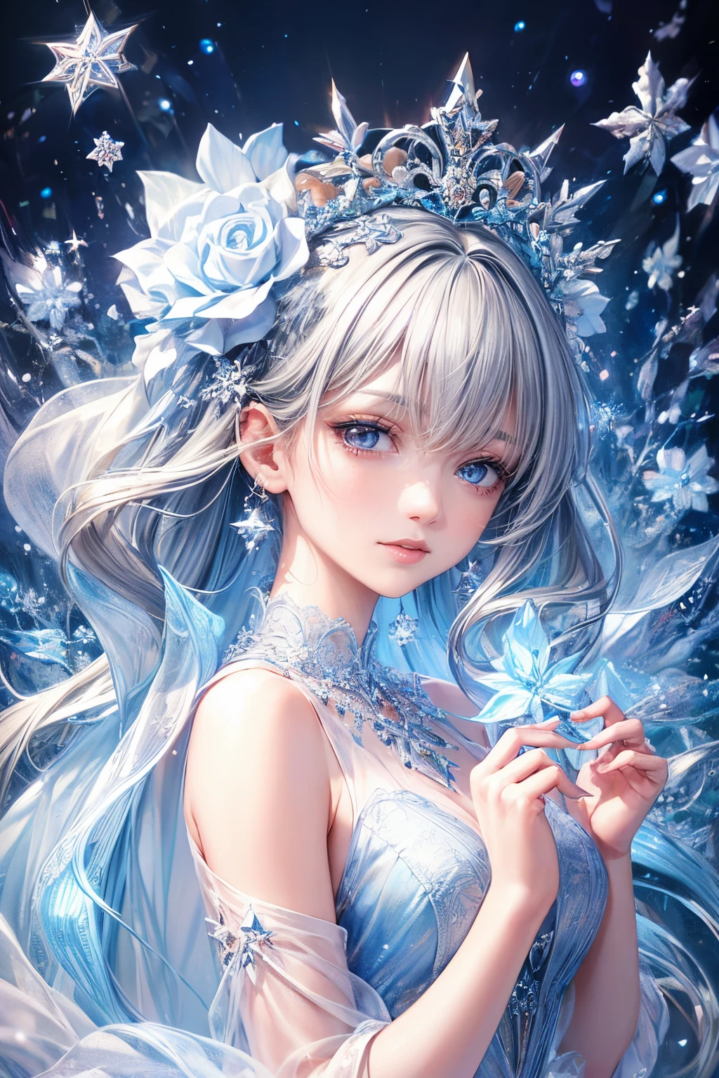(best quality:1.4), (masterpiece:1.4), ultra-high resolution, 8K, CG, exquisite, upper body, solitude, Thumbelina, little princess, blue taffeta court dress, snowflake background, detailed facial features, silver-grey hair, almond-shaped eyes, intricate eye makeup, long eyelashes, grey eyes with a starry gaze, intricate lip details, soft and harmonious style.