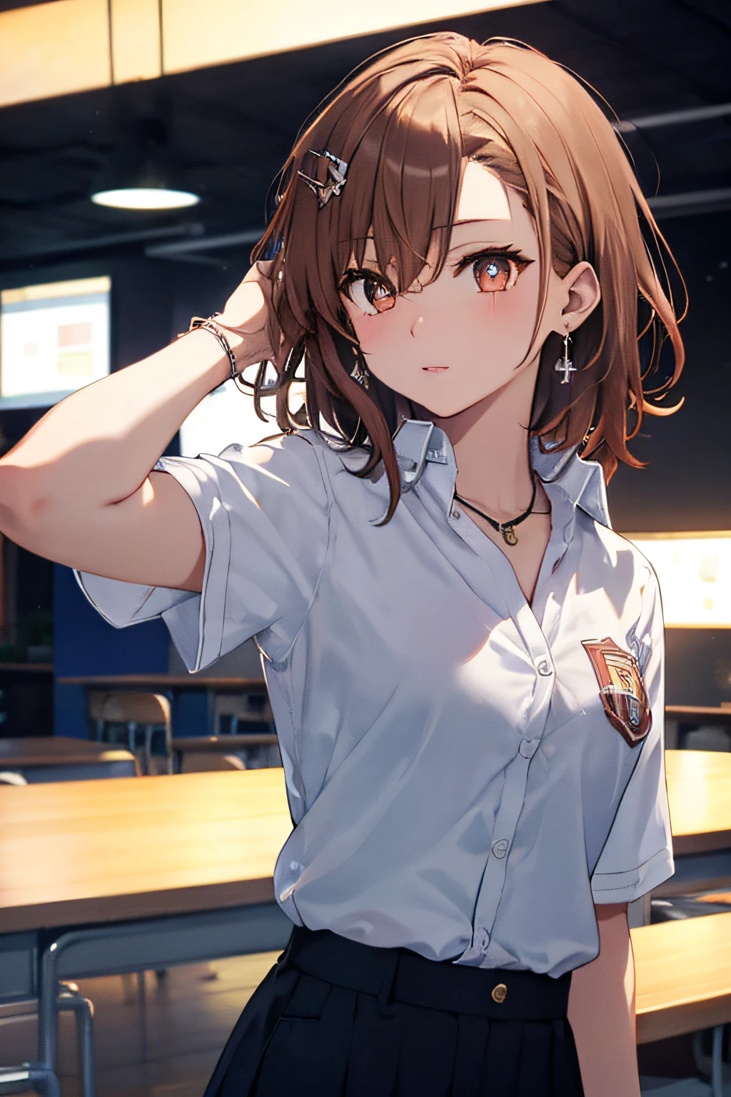 tmasterpiece, Mejor calidad, Misaka_Mikoto, with brown eye, corto_cabello, El grande_Aumento de senos, Mirando a Viewert, solo, cerrado_boca, Collares_camisa, escuela_uniforme, Camisas, blanqueado_camisa, , Aula　con cuerpo　Minifaldas,La mejor calidad, High resolution, Unidad 8K Fondo de pantalla, (hermosos ojos detallados:1.6), Cara extremadamente detallada, Perfect lighting, CG extremadamente detallado, (Manos perfectas, Perfect anatomy)