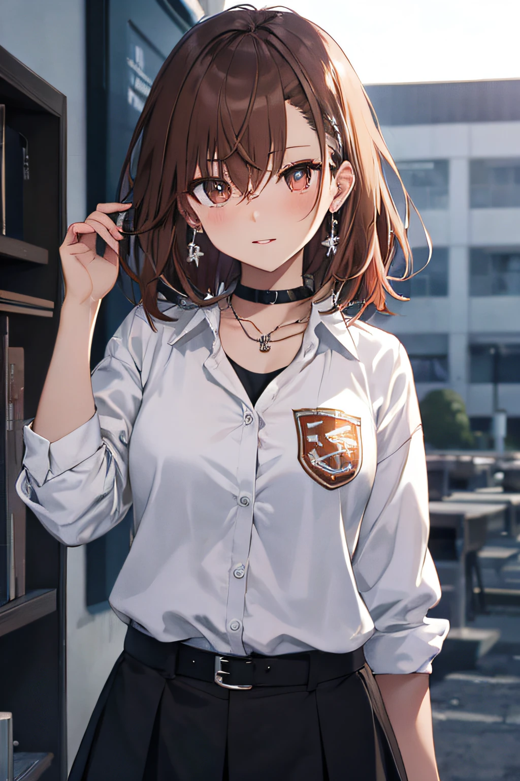 tmasterpiece, Mejor calidad, Misaka_Mikoto, with brown eye, corto_cabello, El grande_Aumento de senos, Mirando a Viewert, solo, cerrado_boca, Collares_camisa, escuela_uniforme, Camisas, blanqueado_camisa, , Aula　con cuerpo　Minifaldas,La mejor calidad, High resolution, Unidad 8K Fondo de pantalla, (hermosos ojos detallados:1.6), Cara extremadamente detallada, Perfect lighting, CG extremadamente detallado, (Manos perfectas, Perfect anatomy)