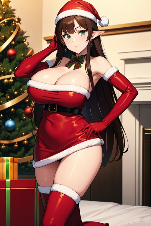 masterpiece, best quality, 1 solo girl, dark brown hair, emerald green eyes, elf ears, very long hair, very wavy hair, Christmas ornaments, very big breasts, mature body and face, red santa dress, christmas, christmas light, christmas tree, red gloves, red santa skirt, holding gift, red bra, red panty, leg up, cowboy shots, sexy pose, dakimakura, detailed body, face, and eyes, sharp focus, vibrant, creative, dynamic, high definition, high resolution, 8k, (Upscale: R-ESRGAN 4x+ Anime6B), (Image enchance:4x), voluptuous body, Holding a gift box with other people in the background in Christmas scene, Christmas, Christmas_A light, Christmas_ornaments, Christmas_tree, standing at attention,diffractive_spikes, glint,spark of light, Red_santa_long boots, Red_santa_The costume, Red_santa_Dress, Red_santa_gloves, santa_hat, Short_Dress, Jewelry,earrings,gloves, dark brown_hair, 1 girl, 20yr old,maturefemale,Beautiful Finger,Beautiful long legs,Beautiful body,Beautiful nose,Beautiful character design, Perfect eyes, Perfect face, Looking at Viewer, (Big_Eyes:1.0),(light_Smile:0.7), NSFW,Official art,the Extremely Detailed CG Unity 8K Wallpapers, Perfect Lighting,Colorful, Bright_front_Face_Lighting, (masutepiece:1.0),(best_quality:1.0), 超A high resolution,4K,Ultra-detailed, Photography, 8K, nfsw, hight resolution, absurderes:1.2, Kodak Portra 400, Film grain, Blurry background, Bokeh:1.2, Lens Flare, (Vibrant_Color:1.2) (Beautiful,Large_breasts:1.4), (Beautiful_Face:1.5),(narrow_waist),