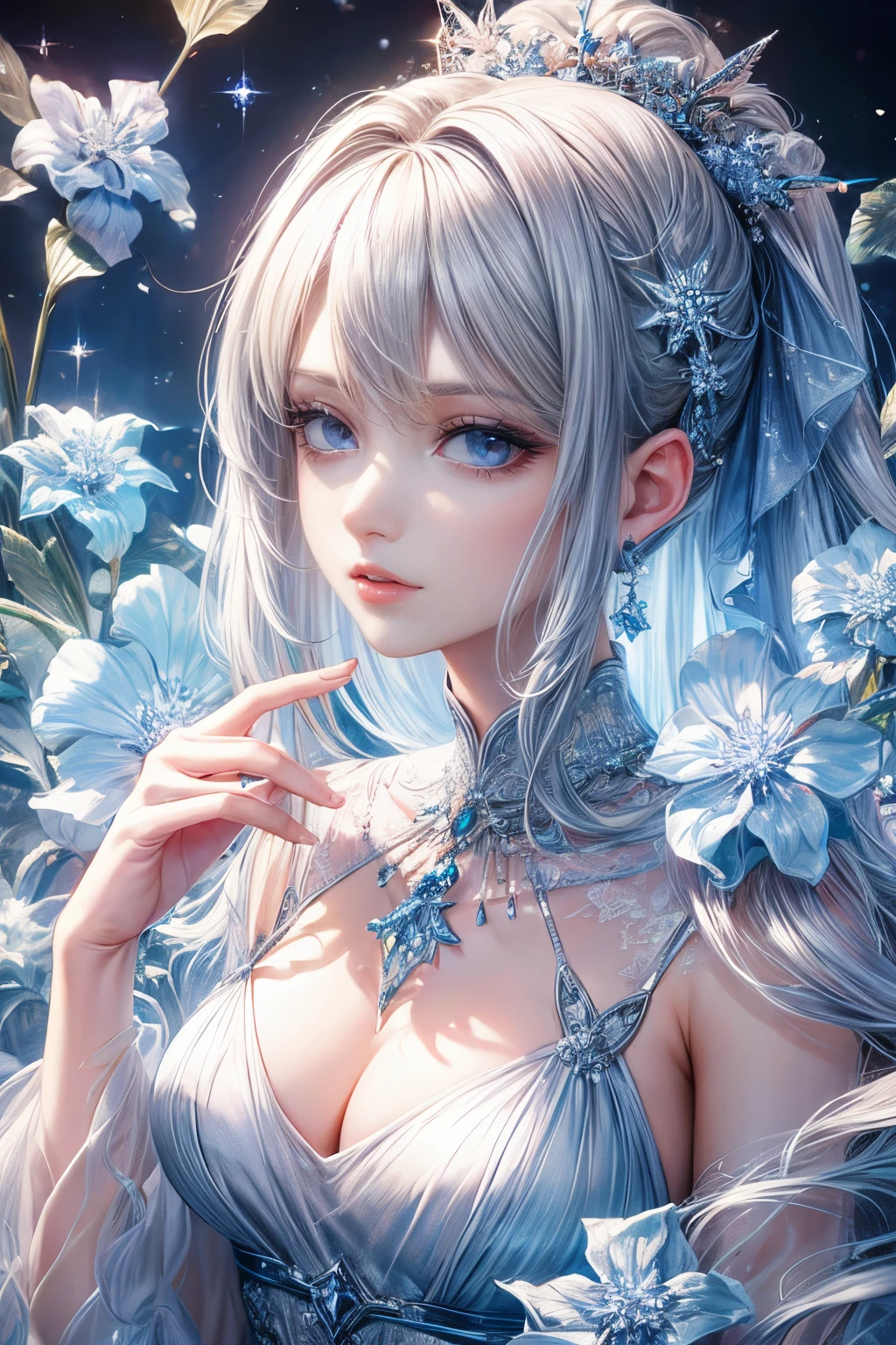 (best quality:1.4), (masterpiece:1.4), ultra-high resolution, 8K, CG, exquisite, upper body, solitude, Thumbelina, little princess, blue taffeta court dress, snowflake background, detailed facial features, silver-gray hair, almond-shaped eyes, intricate eye makeup, long lashes, gray eyes with a starry gaze, intricate lip details, soft and harmonious style.