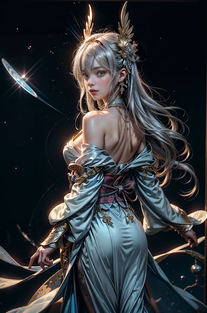 (Photoreal Stick:1.4, masutepiece:1..3, 8K), top-quality, ​masterpiece, 超A high resolution, Perfect dynamic composition, Professional camera work, Grow Light Effect, Realistic portrait, Cinematic Light, Highly detailed skin and facial texture:1.3, The ultra-detailliert, A detailed eye, cosmic space, (myterious:1.3, Fanciful:1.2, tradition:1.2, majestueux:1.2), 1girl in, 25-years old, cute sexy slim female god, Fair skin, (Enraptured look:0.9, Totally captivates you:1.0), (silver japanese kimono:1.3 off shoulder), (voluptuous breasts:0.9), (Backshots, Calm pose), (Beautiful blue eyes, Eyes that feel beautiful eros:0.85), Sexy face:0.4, (A mouthfeel that feels beautiful eros:0.85), ((Too cute beauty:0.9))
