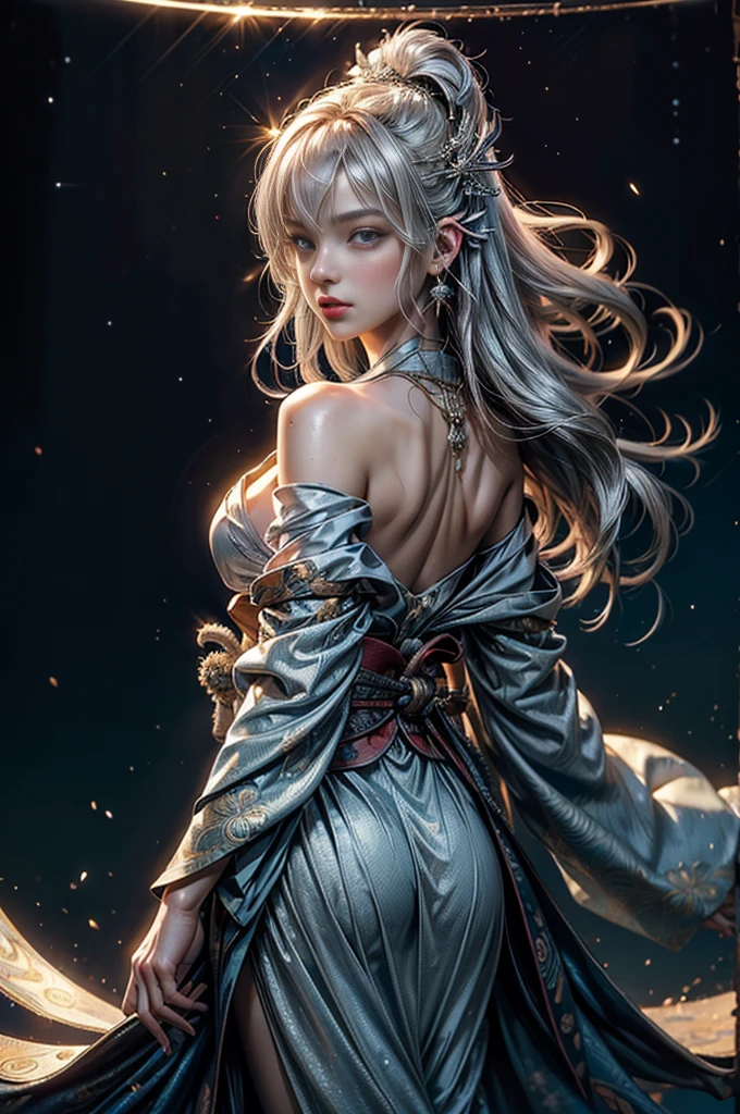 (Photoreal Stick:1.4, masutepiece:1..3, 8K), top-quality, masterpiece, 超A high resolution, Perfect dynamic composition, Professional camera work, Grow Light Effect, Realistic portrait, Cinematic Light, Highly detailed skin and facial texture:1.3, The ultra-detailliert, A detailed eye, cosmic space, (myterious:1.3, Fanciful:1.2, tradition:1.2, majestueux:1.2), 1girl in, 25-years old, cute sexy slim female god, Fair skin, (Enraptured look:0.9, Totally captivates you:1.0), (silver japanese kimono:1.3 off shoulder), (voluptuous breasts:0.9), (Backshots, Calm pose), (Beautiful blue eyes, Eyes that feel beautiful eros:0.85), Sexy face:0.4, (A mouthfeel that feels beautiful eros:0.85), ((Too cute beauty:0.9))