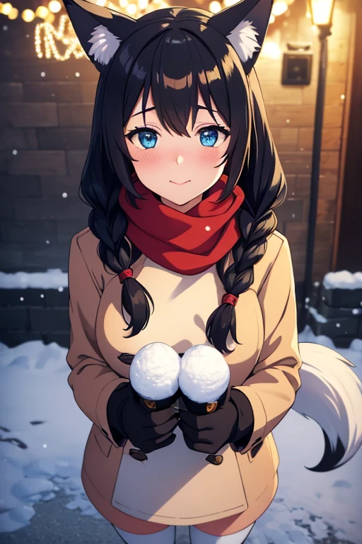 Anime style, outdoor, 1wall, wide angle, 1woman, beautiful woman, very beautiful woman, cute face, cute expression, hard black hair, heterochromia eyes, heterochromia blue and yellow, blue right eye, yellow left eye, bi color eyes, wolf ears, kemonomimi, wolf tail, fox tail, fox girl, Braided hair, Braids of hair pigtails, long twintails, Shy, embarrassed, Blushed, wide angle, Pov, looking at the camera, from above, Standing, winter scarf, cute scarf, warm coat, big coat, snowy weather, Christmas city background, modern city, glowing Christmas lights, (good), light rays, glowing, (Masterpiece), wallpaper, extreme detail description, half body, professional, Portraits, Landscape, photography, winter, snow, snow woman, blue eyes, red cheeks, Winter coat, has winter coat, big winter coat, oversize coat, medium small size breast, Snow gloves, winter gloves, looking up at the night sky,(Best Quality,4K,hight resolution,masutepiece:1.2),Realistic, Christmas,girl (25 years old),Wear warm clothes,Snow falling in the background,Winter wonderland,Joyful expression,Magical atmosphere,Soft lighting,Vivid colors,Happiness,laught,Welcoming environment,Warmth,Smiling eyes,braided hair pigtails,Shimmering decoration,Twinkling lights,Peace and quiet,Excitement and anticipation,Snowy landscape,childhood innocence,Enchanted moments,Playful laughter,Upholstered stockings,Holiday spirit,love and togetherness, both hands holding the scarf, shy expresion wolf ears, wolf tail, kemonomimi, Cute tail, cute wolf ears