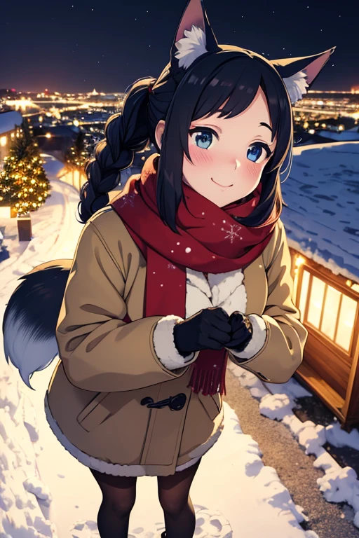Anime style, outdoor, 1wall, wide angle, 1woman, beautiful woman, very beautiful woman, cute face, cute expression, hard black hair, heterochromia eyes, heterochromia blue and yellow, blue right eye, yellow left eye, bi color eyes, wolf ears, kemonomimi, wolf tail, fox tail, fox girl, Braided hair, Braids of hair pigtails, long twintails, Shy, embarrassed, Blushed, wide angle, Pov, looking at the camera, from above, Standing, winter scarf, cute scarf, warm coat, big coat, snowy weather, Christmas city background, modern city, glowing Christmas lights, (good), light rays, glowing, (Masterpiece), wallpaper, extreme detail description, half body, professional, Portraits, Landscape, photography, winter, snow, snow woman, blue eyes, red cheeks, Winter coat, has winter coat, big winter coat, oversize coat, medium small size breast, Snow gloves, winter gloves, looking up at the night sky,(Best Quality,4K,hight resolution,masutepiece:1.2),Realistic, Christmas,girl (25 years old),Wear warm clothes,Snow falling in the background,Winter wonderland,Joyful expression,Magical atmosphere,Soft lighting,Vivid colors,Happiness,laught,Welcoming environment,Warmth,Smiling eyes,braided hair pigtails,Shimmering decoration,Twinkling lights,Peace and quiet,Excitement and anticipation,Snowy landscape,childhood innocence,Enchanted moments,Playful laughter,Upholstered stockings,Holiday spirit,love and togetherness, both hands holding the scarf, shy expresion wolf ears, wolf tail, kemonomimi, Cute tail, cute wolf ears