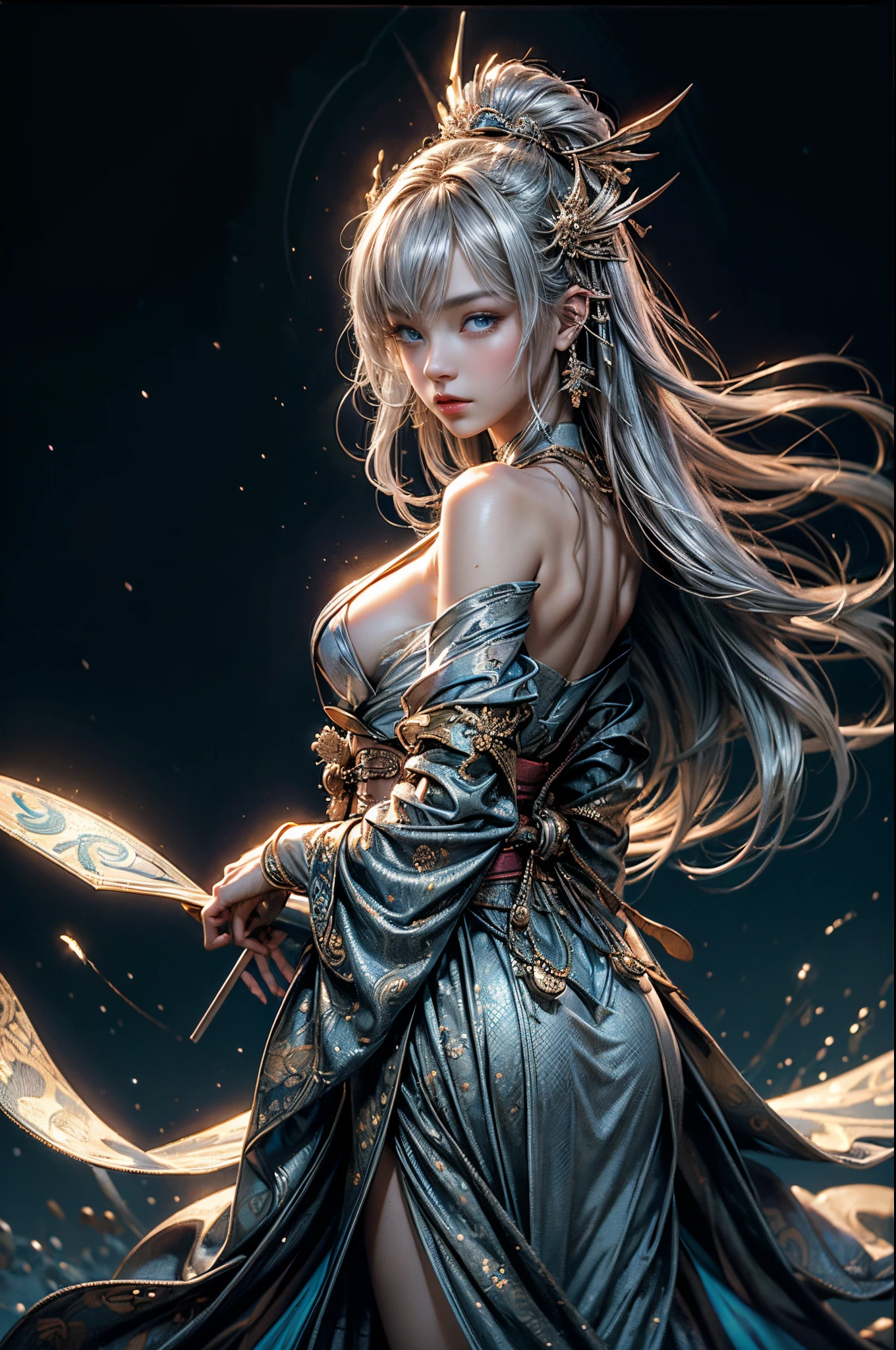 (Photoreal Stick:1.4, masutepiece:1..3, 8K), top-quality, masterpiece, 超A high resolution, Perfect dynamic composition, Professional camera work, Grow Light Effect, Realistic portrait, Cinematic Light, Highly detailed skin and facial texture:1.3, The ultra-detailliert, A detailed eye, cosmic space, (Fanciful:1.3, dream:1.2, tradition:1.2, majestueux:1.2), 1girl in, 25-years old, cute sexy slim female god, Fair skin, (Enraptured look:0.9, Totally captivates you:1.0), (silver japanese kimono:1.3 off shoulder), (voluptuous breasts:0.9), (Backshots, Calm pose), (Beautiful blue eyes, Eyes that feel beautiful eros:0.85), Sexy face:0.4, (A mouthfeel that feels beautiful eros:0.85), ((Too cute beauty:0.9))
