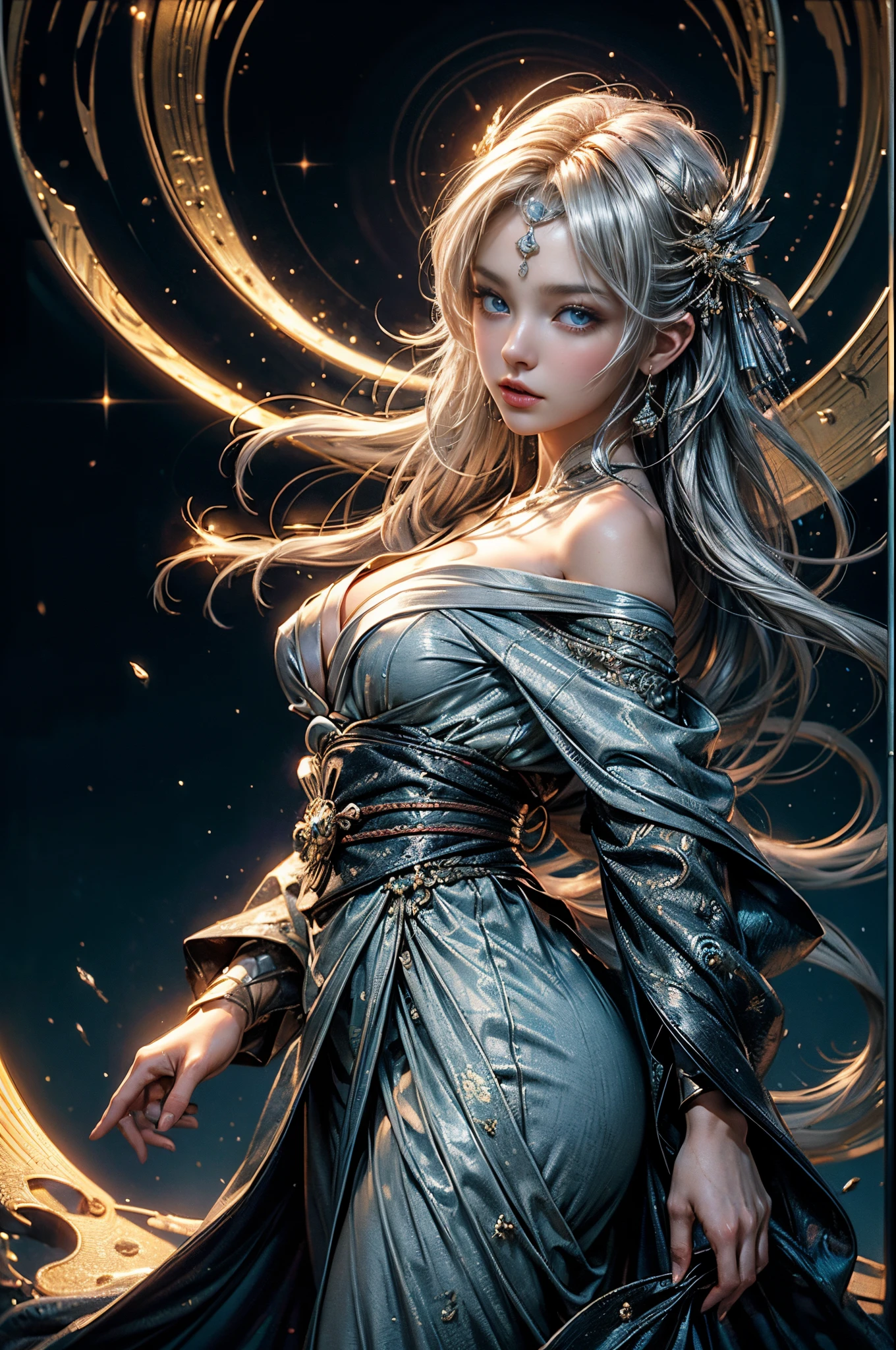 (Photoreal Stick:1.4, masutepiece:1..3, 8K), top-quality, masterpiece, 超A high resolution, Perfect dynamic composition, Professional camera work, Grow Light Effect, Realistic portrait, Cinematic Light, Highly detailed skin and facial texture:1.3, The ultra-detailliert, A detailed eye, cosmic space, (Fanciful:1.3, dream:1.2, tradition:1.2, majestueux:1.2), 1girl in, 25-years old, cute sexy slim female god, Fair skin, (Enraptured look:0.9, Totally captivates you:1.0), (silver japanese kimono:1.3 off shoulder), (voluptuous breasts:0.9), (Backshots, Calm pose), (Beautiful blue eyes, Eyes that feel beautiful eros:0.85), Sexy face:0.4, (A mouthfeel that feels beautiful eros:0.85), ((Too cute beauty:0.9))