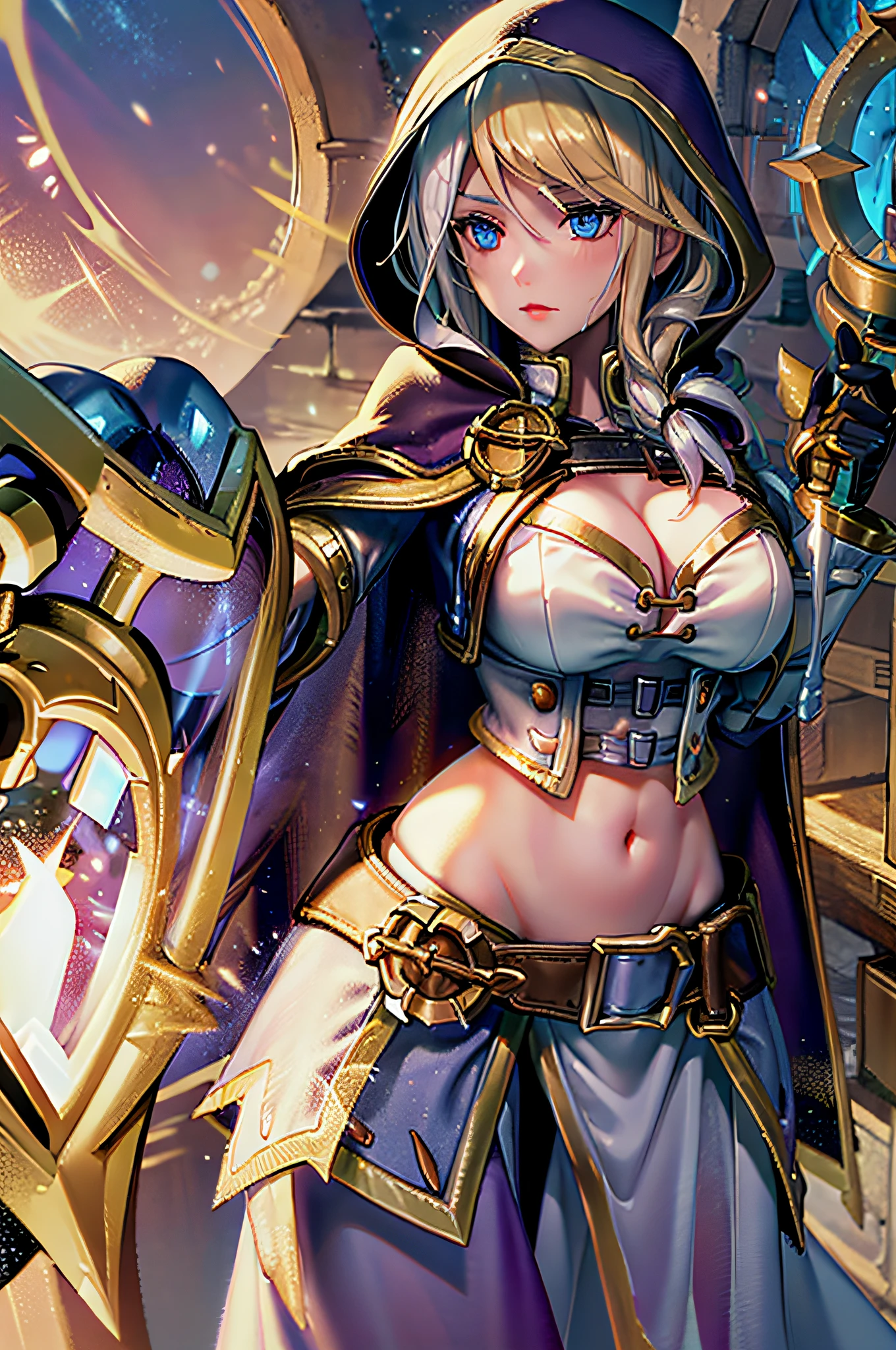 Jaina proudmoore, 1 girl, solo, long hair, large breasts, tummy, hood, cape, armor, long skirt,