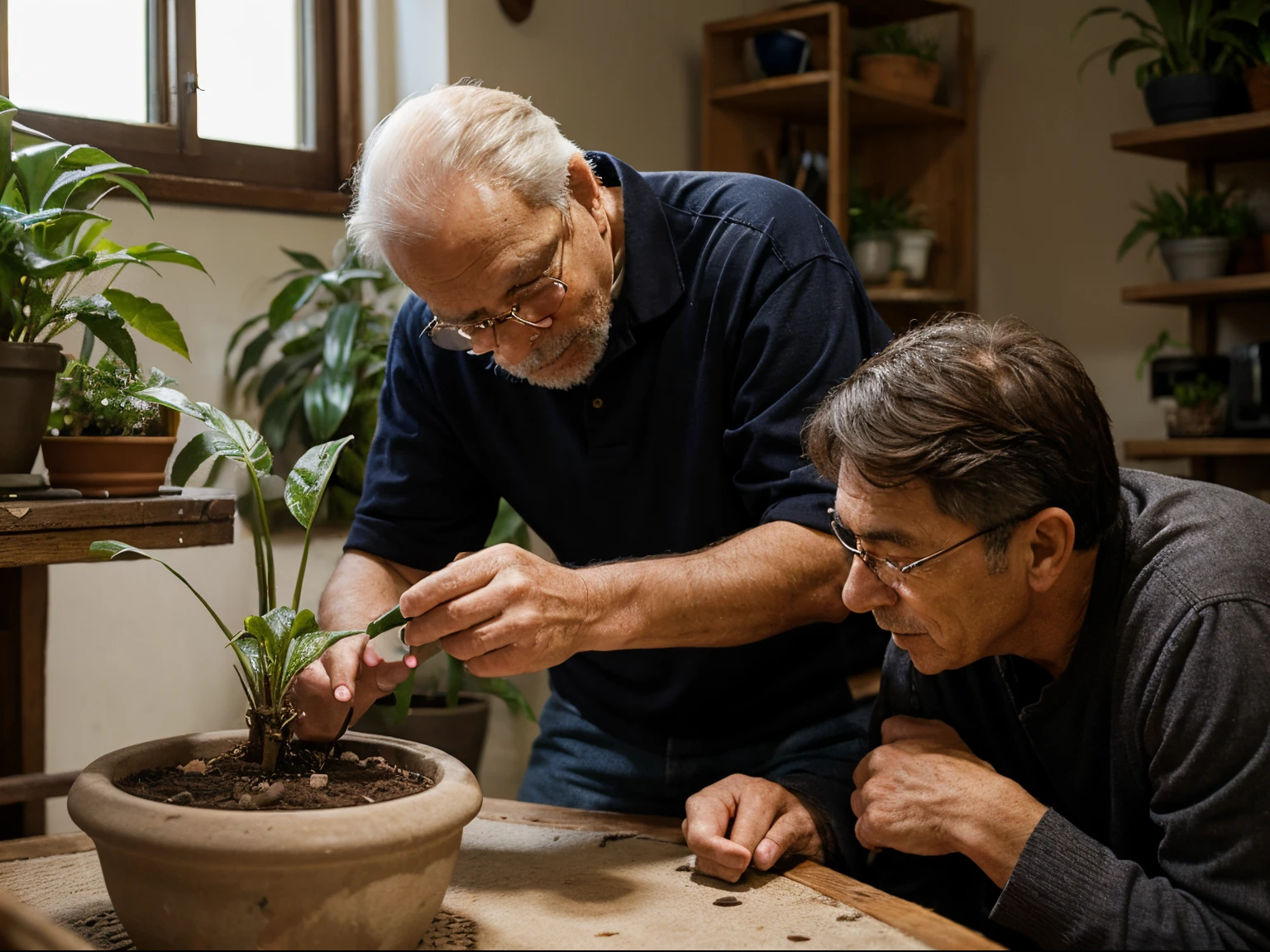 an elderly man and his grandson are looking at a plant, which is in a pot planted
