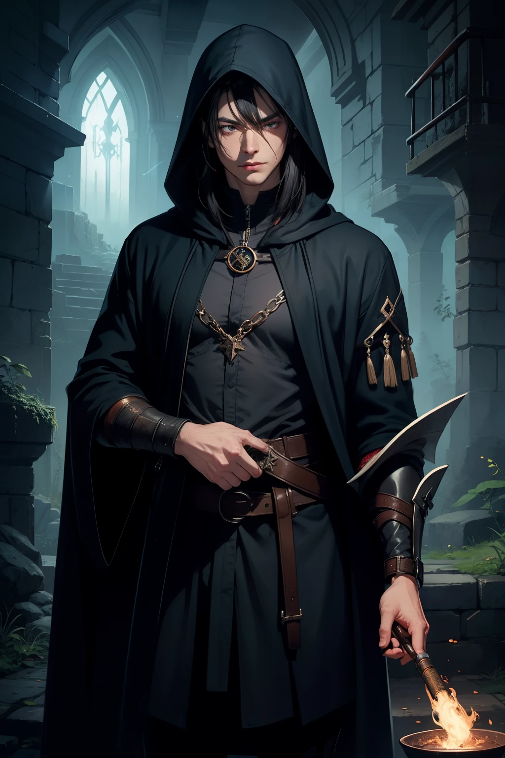 man mysterious elf assassin arcane trickster rogue dark robe hooded short black hair, casting a magic spell with runes