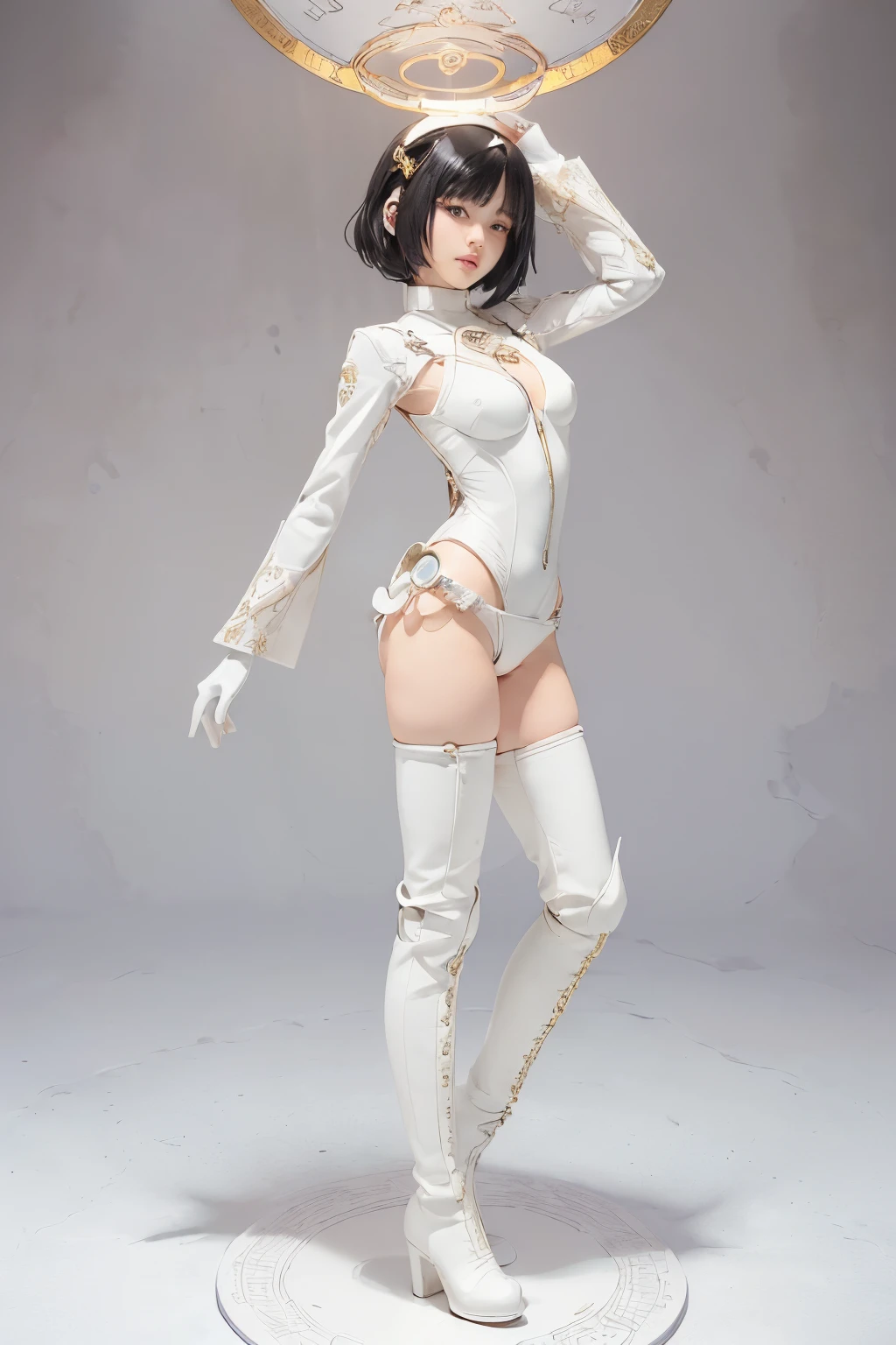 (blind box toy style:1.3), ((Full body shot:1.4)) (((anatomy correct))),((1girl in, Solo)),(masutepiece:1.3), (Sexy costume), ((masuter piece)) , (((White bodysuit、long Leather boots))),((Circular base:1.5))、anime figure,  Seductive、short-hair、Highly detailed,  ( highly detailed figure ), pvc figurine、Steampunk Body 、Intricate decoration details 、Goth**** details 、highly intricate detail