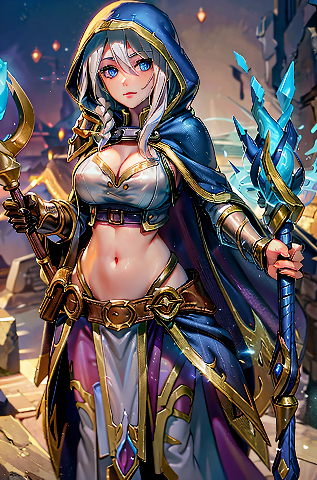 Jaina proudmoore, 1 girl, solo, long hair, large breasts, navel, hood, cape, armor, long skirt, magic staff