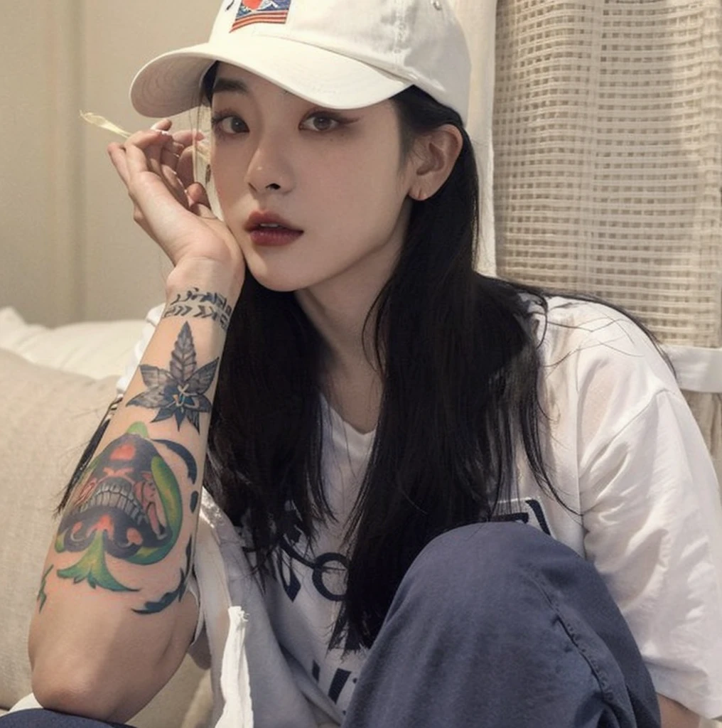 Woman with a tattoo on her arm sitting on a bed, de ****** taiwanesa com tatuagens, ****** coreana, Mulher sul-coreana bonita, Ulzzang, ****** chinesa, she's wearing streetwear, ****** atraente tomboy, kanliu666, dilraba dilmurat, linda mulher coreana jovem, foto de perfil, Mulher coreana, cruel korean goth girl