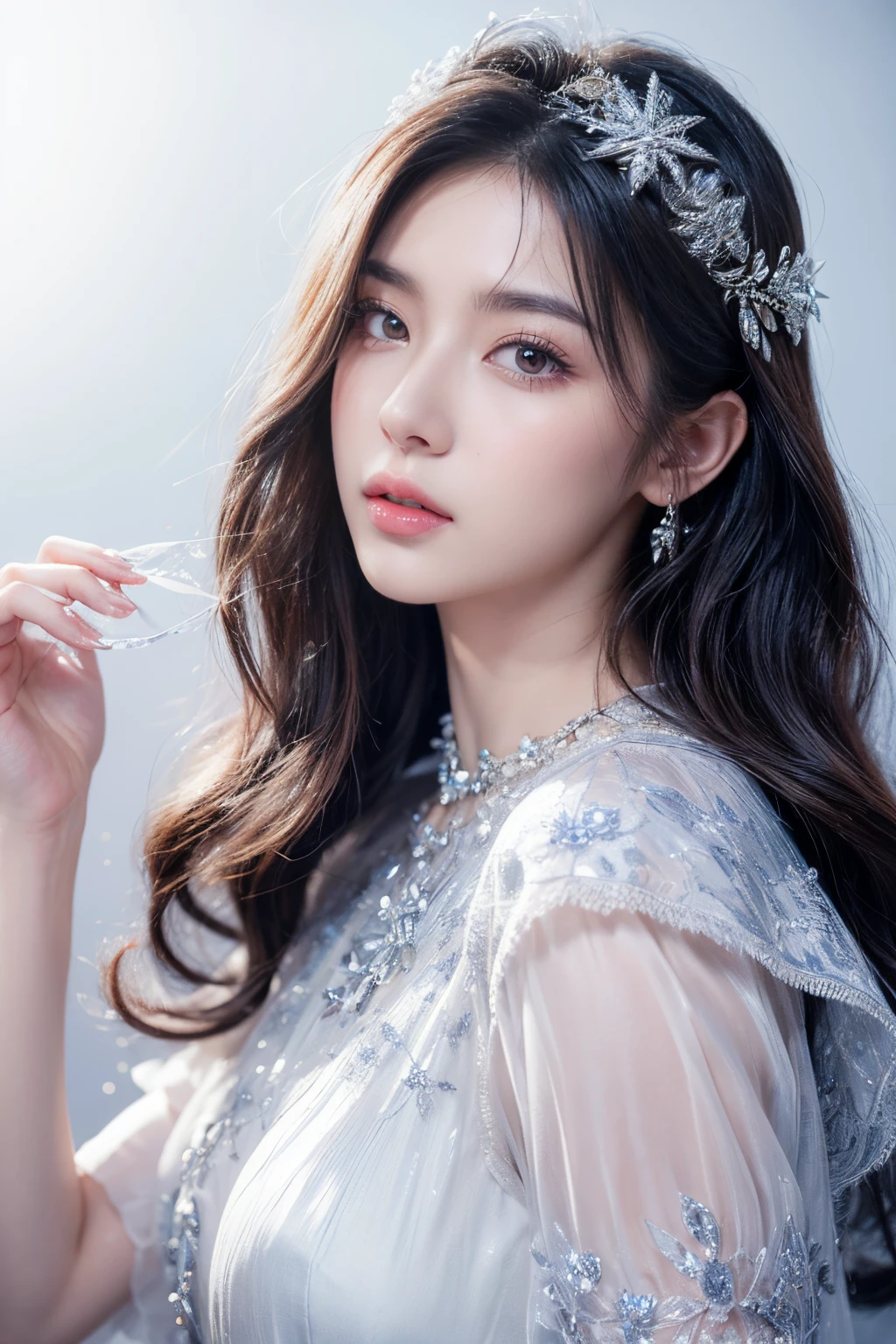 (Best quality at best:1.4), (tmasterpiece:1.4), 超高分辨率, 8K, CG, Exquisite, The upper part of the body, Solitude, Thumbelina, Little princess, Blue taffeta court dress, Snowflake background, detailedfacialfeatures, Silver-gray hair, almond eyes, intricate eye makeup, Long eyelashes, gray eyes and starry gaze, Intricate lip details, Soft and harmonious style