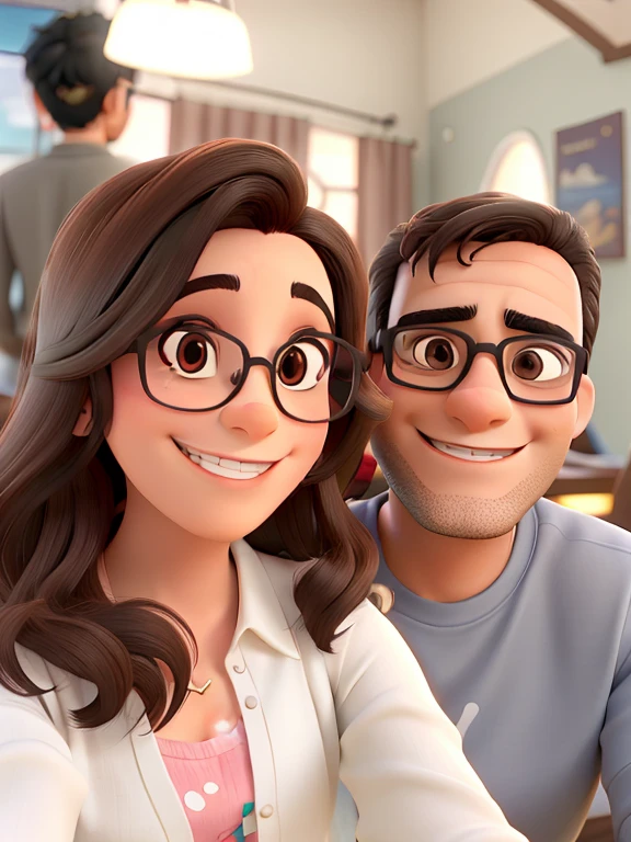There's a couple with a man with black hair and glasses and a gorgeous woman with brown hair and disney pixar style glasses, sorrindo, Uma Selfie.