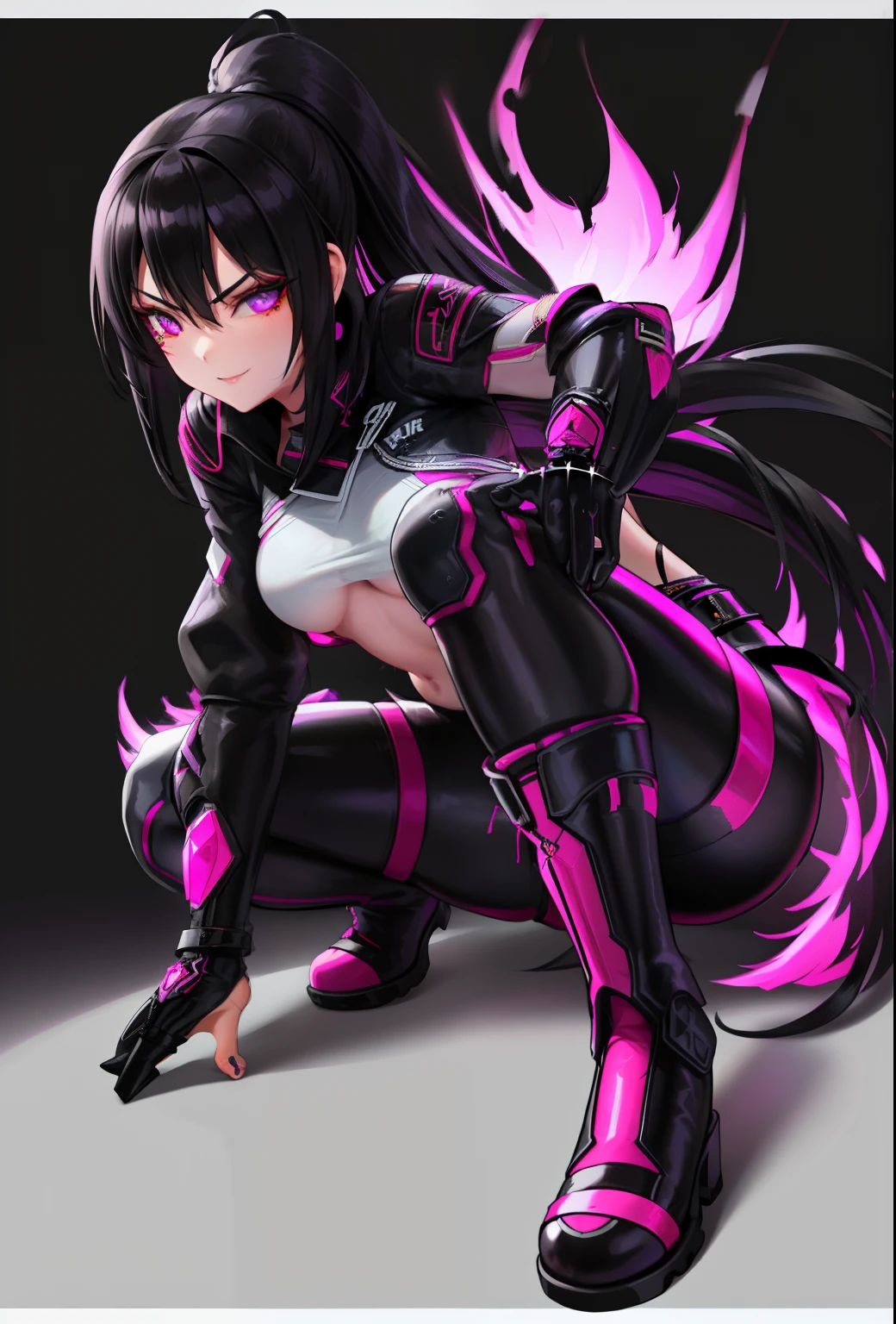 Beautiful Girl, Full body, Tousled Long black hair and high ponytail, purple eyes with slit pupils small breasts, ((Pose Seductive:1.0)),  (street style wear:1.2), ((Tight-fitting pants)), ((Knee High Leather Boots)), (dark city night black background:1.4), (light_Smile:1.0), Dark makeup, Digital Art, Trending on ArtStation, Highly detailed, Fine detail, Convoluted, Beautiful detailed glow, Detailed, Cinematic Light, hight resolution, detailed facial features, Sharp Focus, Smooth, Aesthetic,