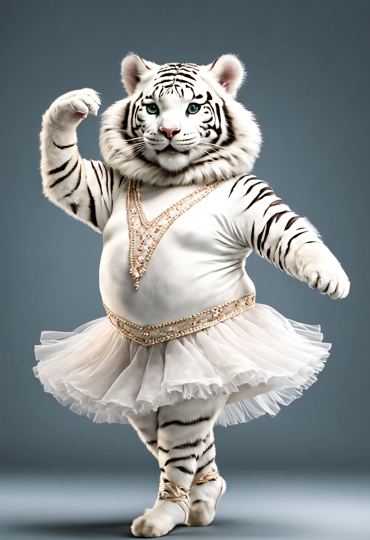 photorealistic portrait of Dressed animals - a (fat) white tiger ballet dancer,( ballet action posing), fluffy body, high quality,(lovely) ,intricate details, highly detailed ballet costume ,tutu, (happy), studio lighting,(full body image:1.5)