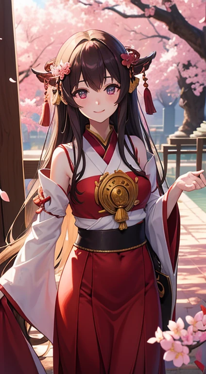 1girl, long brunette hair, shining eyes, smiling, looking at viewer, long shrine maiden outfit, morning, sunbeam, Buddhist temple, cherry blossom petals, masterpiece, 8K, high contrast, perfect lighting, perfect clothes, perfect anatomy, perfect eyes, perfect face, sharp resolution