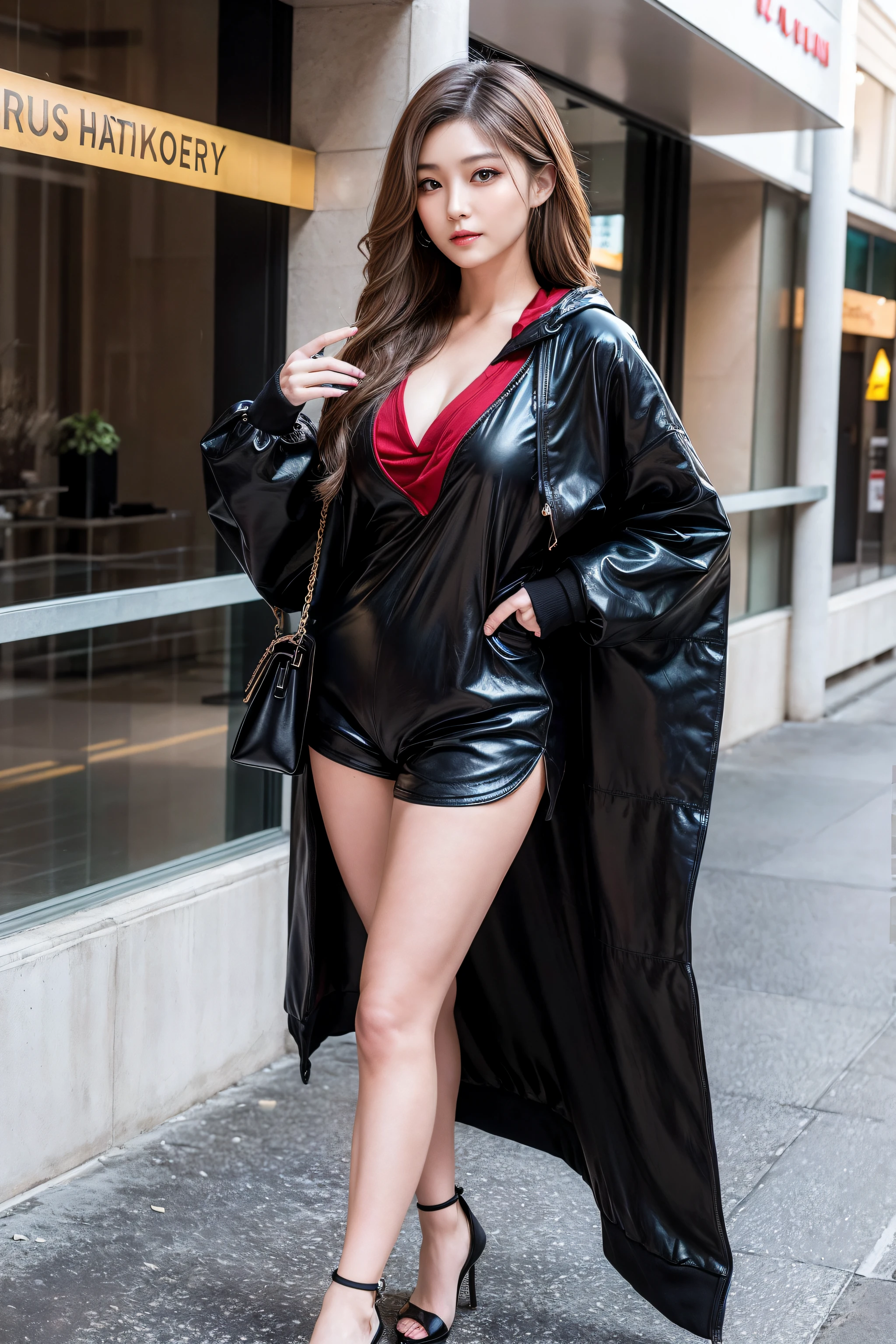 An extremely sexy and beautiful Asian girl,Alone,a sexy and mature girl(Royal sister demeanor),Taking photos inside and outside the mall,lewd poses,Wearing black glossy shorts,Burgundy hooded sweatshirt,Black and red high heelquisite and beautiful workmanship:1.2)Supermodel figure,supermodel height,A very beautiful girl,Perfect body example,Tight body shape,plumw,Perfect body curves,dermal,Skin texture clear and delicate(Advanced skin details:1.1)Korean idol’s perfect face,A bright and beautiful smile,Long blonde hair,Light blonde wavy hair,Clear and fine hair texture(Quality hair details:1.1),exquisite eye makeup,Refined eye detailing,Blue pupil(Advanced eye detail:1.1)Best example of four fingers and a thumb,Street photography,Photographic works,BestWorks,Best quality,Super refined,extremely high resolution,Shot by one person