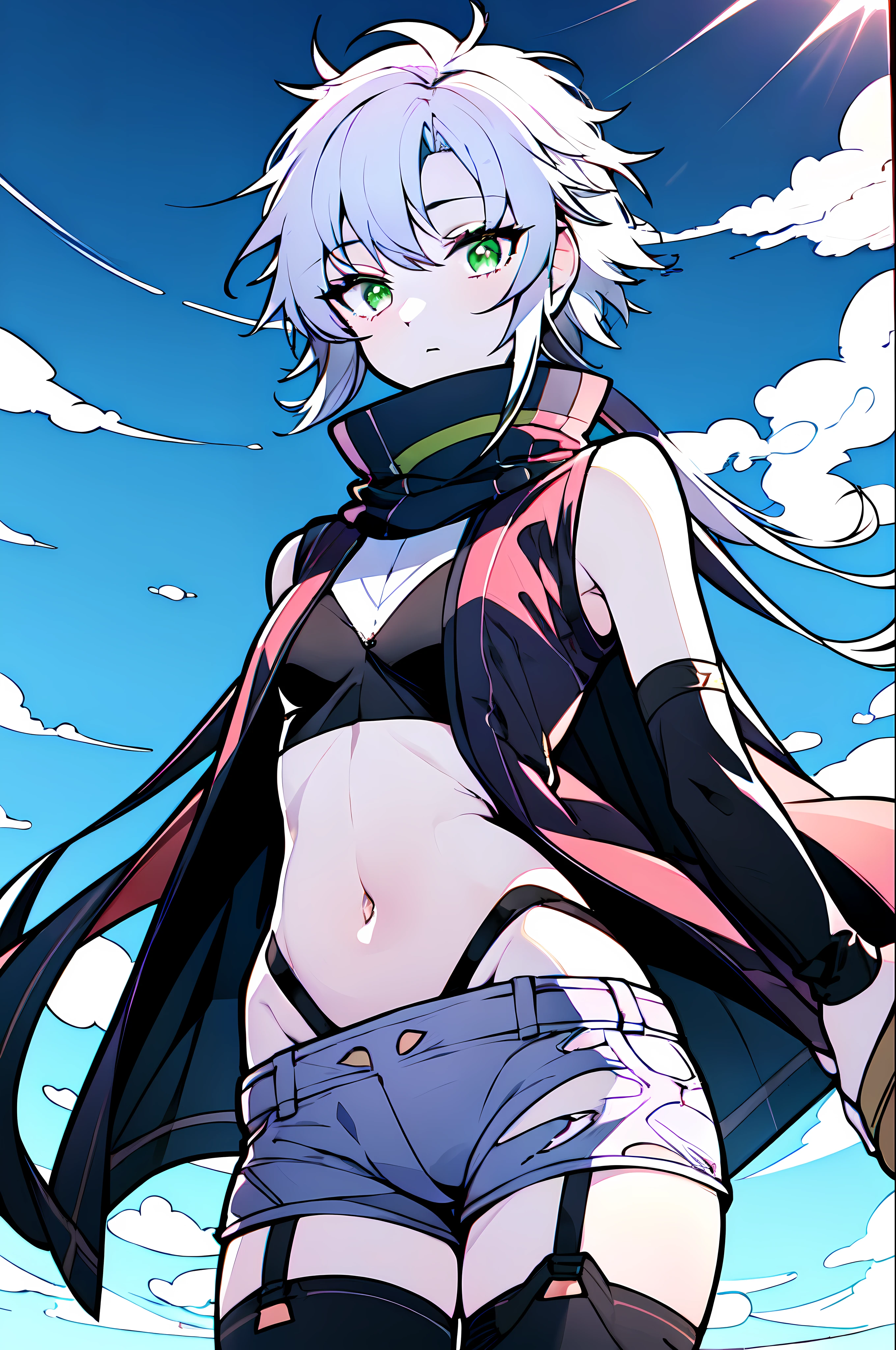 (masterpiece:1.2), (pale skin:1.2), (solo:1.2), (female:1.1), (emphasis lines:1.3), white hair, collarbone, navel, sleeveless_jacket, gloves, bracelets, armbands, (ripped_clothes:1.3), green_eyes, outdoors, hill, sky, plain_field, shorts, thighhighs, long hair