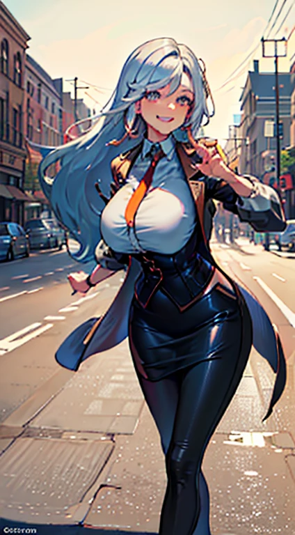 (Masterpiece: 1.6, Best Quality), (Fine and Beautiful Eyes: 1.2), (Overhead), High Quality, Beautiful Face, 1girl, Leather Tight Skirt, Big Tits, Long Hair, Wide Hips, (Landscaped), Street, Background, Detail Background, Spooky Grin, Angled Laughter at the Corners of Mouth, Long Coat, Shirt, Tie, Office Lady, Mature