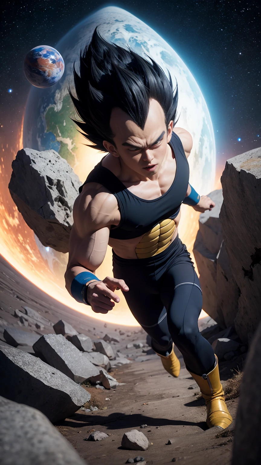masterpiece, best quality, ultra-detailed, vegeta 1boy, solo, black hair, spiked hair, black eyes, dougi, looking at viewer, male focus, earth \(planet\), planet, space, cracked ground and rocks rising up, rubble rising,