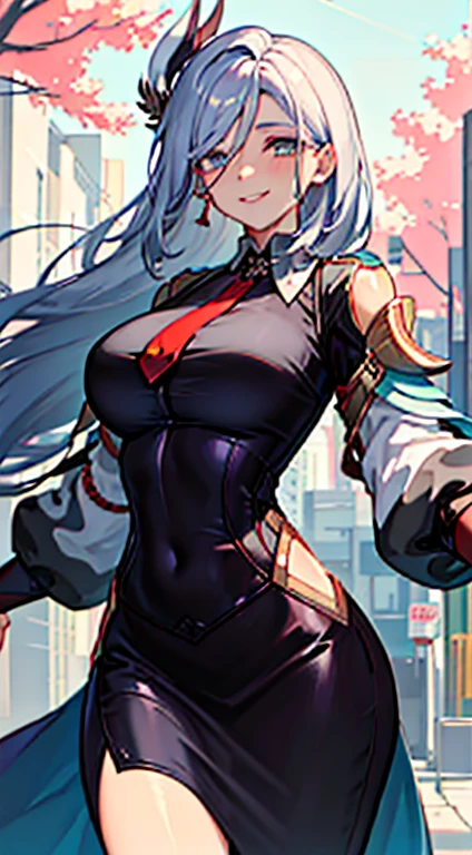 (Masterpiece: 1.6, Best Quality), (Fine and Beautiful Eyes: 1.2), (Overhead), High Quality, Beautiful Face, 1girl, Leather Tight Skirt, Big Tits, Long Hair, Wide Hips, (Landscaped), Street, Background, Detail Background, Spooky Grin, Angled Laughter at the Corners of Mouth, Long Coat, Shirt, Tie, Office Lady, Mature