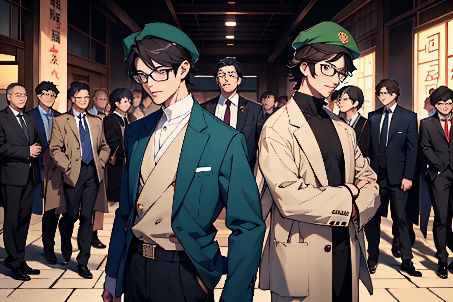 There was a man wearing a beret, Glasses, and suit., tezuka osamu, lin hsiang, pan ren wei, wei wang, hiroya oku, toru narita, bo feng, huifeng huang, Haruhiko Mikimoto, Leiji Matsumoto, akiyuki shinbo, wu liu, song nan li