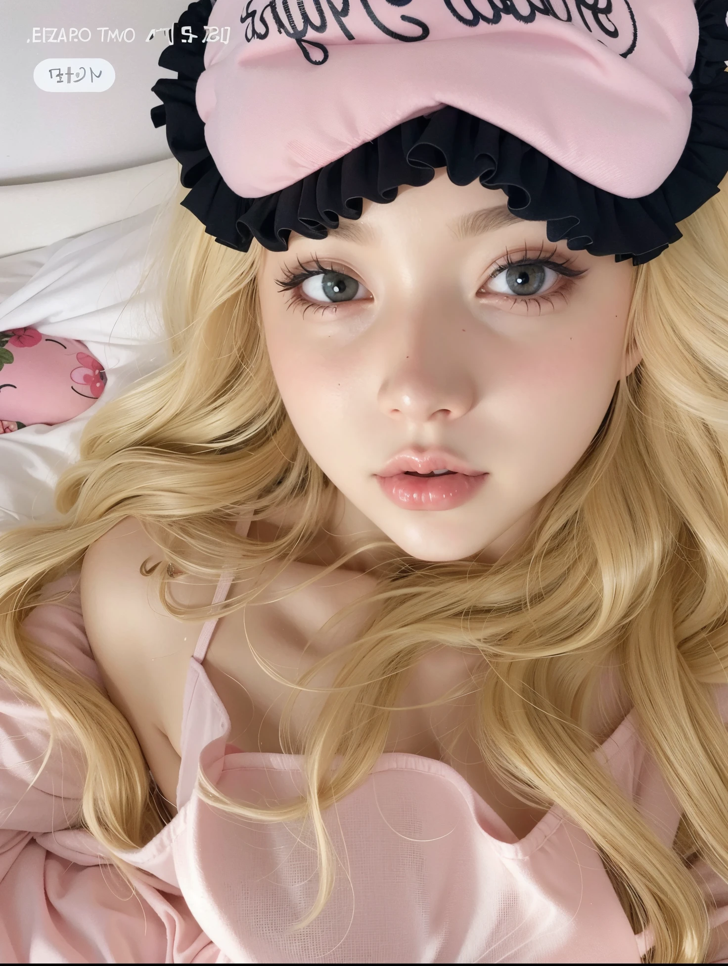 blonde girl with pink sleep mask lying on bed, linda Delphine, Retrato de Kim Petras, ava max, muito bonita gatinha fofa, longos cabelos loiros e olhos grandes, ultrarrealista doce coelhinho menina, longos cabelos loiros e olhos grandes, Sakimichan, kawaii retrato realista, Fairycore, pale porcelain white skin, pale ivory skin, Ulzzang