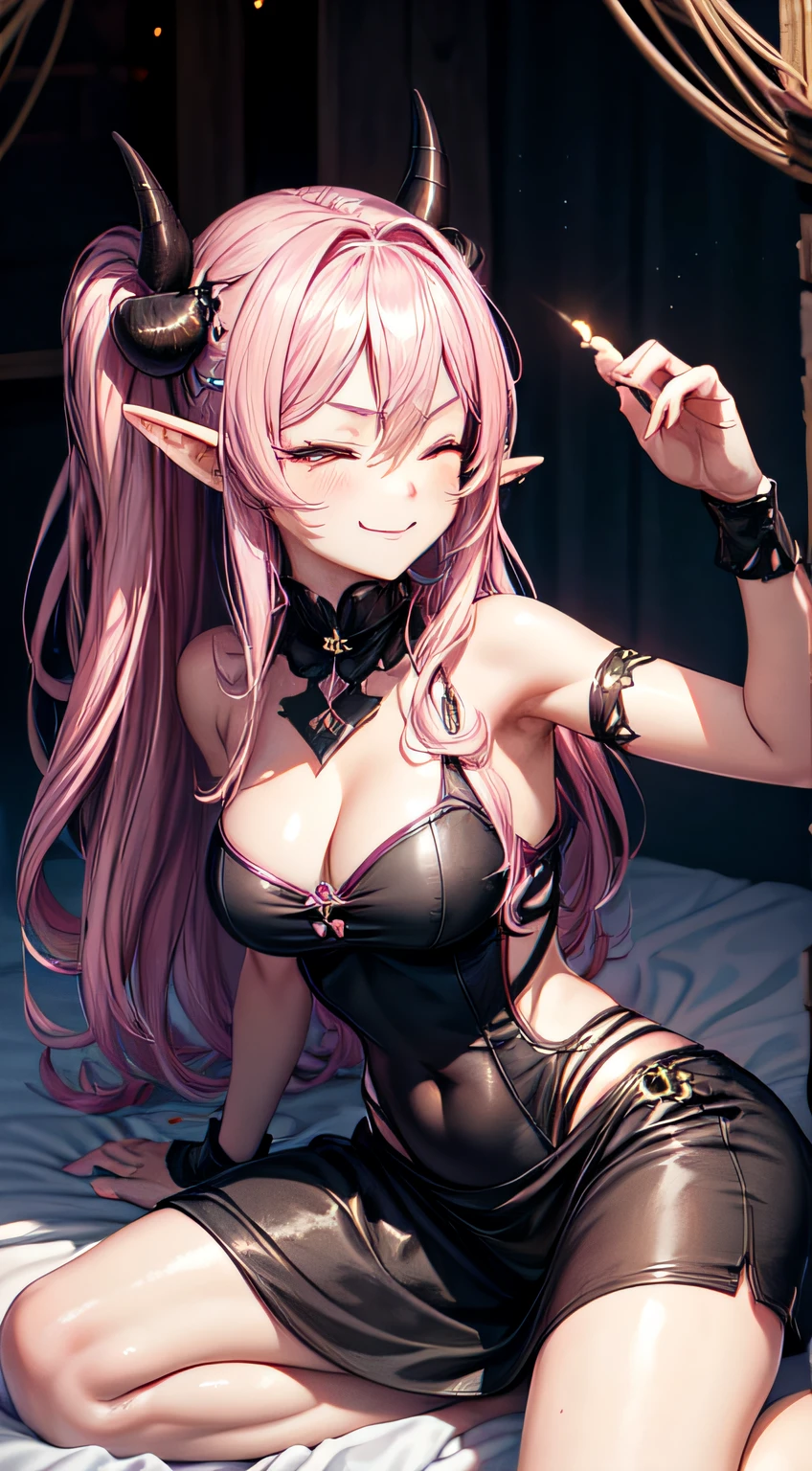 1girl in, Pink hair, Long hair,  HD quality, 4K, 8K,,Eyes, Face, , Evil, Dark, close up of face, Face, nefarious smirk, tusk,on the bed in a cute bedroom,Eta, close up of face. dominant, Dark, Sideways, from side view, Villain, hair clips,small black horn, Large breasts, Twin-tailed, Smile wickedly, Huge breasts, Wink, one eye closed, Iwink, Pink, hair clips,elvish、Inside the cave、Candlelight