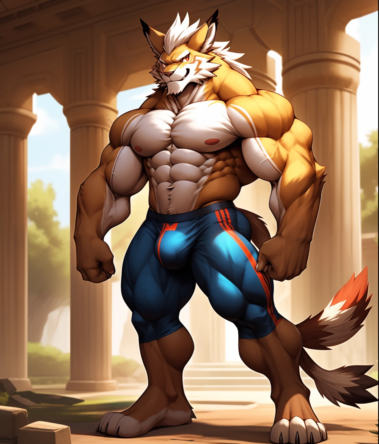 nj5furry, BACK, (Leomon, massive, huge, young face, teen, bodybuilders body), Leomon, ((extremely realistic shadows, masterpiece, extremely detailed, photorealistic)), kemono, young, teen, ((16 years)), firm back, massive back, round butt, firm and shapely buttocks, back, broad shoulders, standing on your back, firm buttocks, round buttocks, shapely buttocks, massive and very muscular back, (((BROWN FUR))) Leomon, ((detailed face)) red nose, red eyes, ((detailed eyes)), smile, mischievous smile, mischievous expression, white teeth, mouth slightly open, red tongue, brown skin, brown fur, brown hair, sexy, height 3 meters high, the optimal height, tight clothing, body full of muscles; muscle bulge pecs, bulge in the crotch, massive ripped abs, V-shaped body, thick waist, long legs, strong arms manly, handsome face, attractive cool calm face type with a cold smile, bodybuilder body, topless. Ruins of a Jedi temple behind him; bulge in the crotch, wears a tiny tight thong that reveals huge, muscular thighs, bulge biceps, looking at viewer.