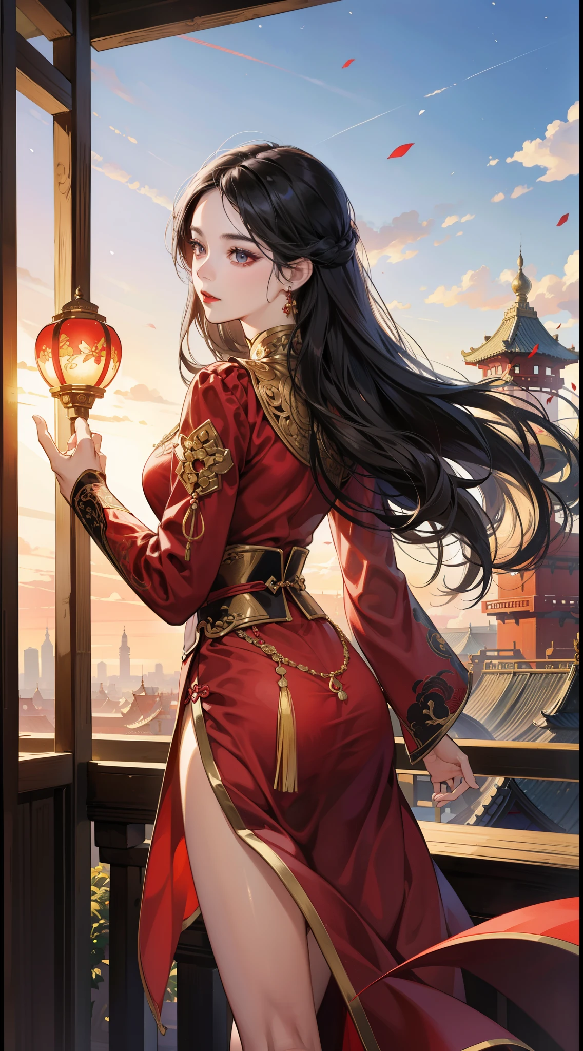1female,25 yers old,Married woman,Long legs, slim waist, photo exposure, report, She has long black hair,Redlip,Stood up,seen from the front, curlies, sky with many clouds,(((tmasterpiece),(Very detailed CG unified 8k wallpaper),Best quality at best,电影灯光,detailed back ground,Beautiful right eye pupil,(very delicate beautiful),(Beautiful and detailed eye descriptions),ultra - detailed,tmasterpiece,)),facing at the camera,A high resolution,ultra - detailed),Pubic hair shows through,device, convex,Camel toes,Raised sexy,Queen of China(dressed in:,gold silk embroidery,Red cheongsam,Lace,redcloak)