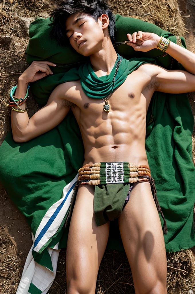 A slender muscular tribal boy wearing a tattered loincloth and an ivory necklace takes a nap., 10yaers old
