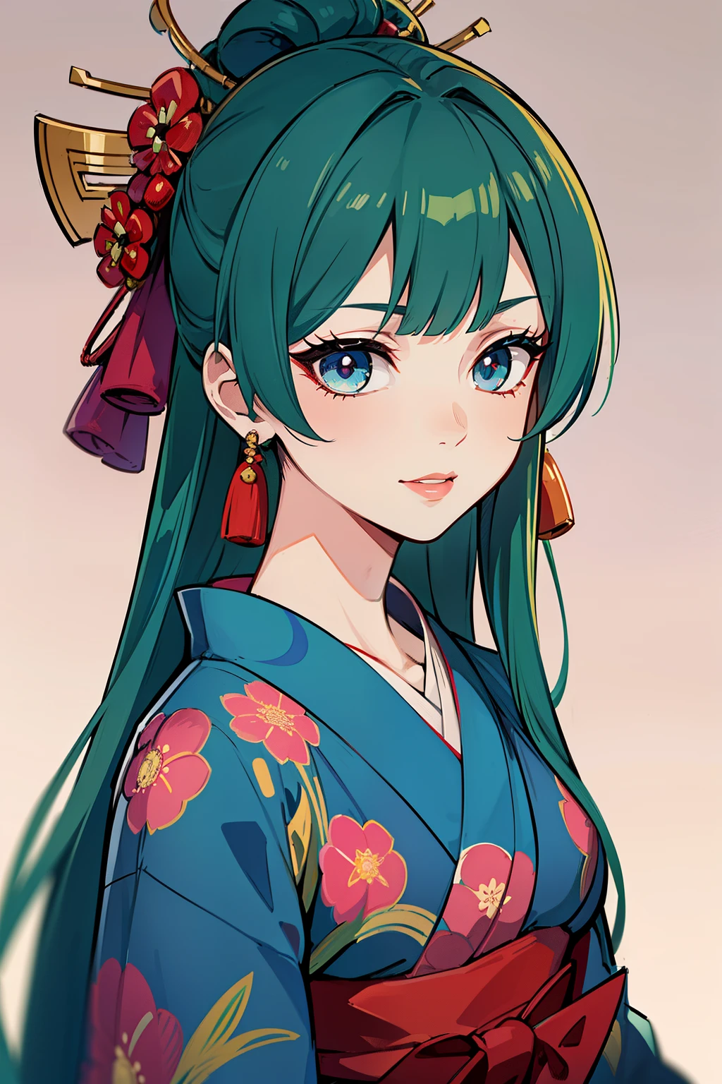 (high-quality, breathtaking),(expressive eyes, perfect face) (((yukata, sexy lips)), 1girl, female, solo, young adult, dark meadow green hair, blue highlights in hair, red coloured eyes, gentle smile, long length hair, loose hair, side bangs, japanese clothing, elegant, soft make up, hair pin accessory in hair, oiran, demon slayer art style