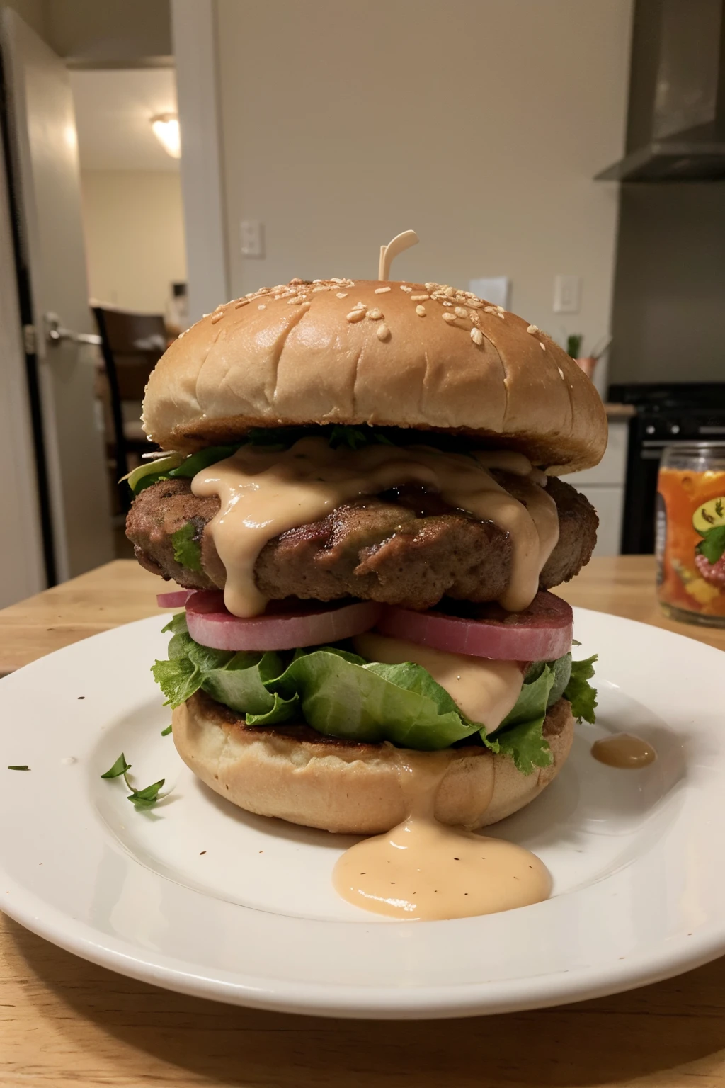 Una maravillosa hamburguesa con papas francesas en un plato, alitas empanizadas al rededor del plato, todo sobre una charola y de fondo una cocina humilde