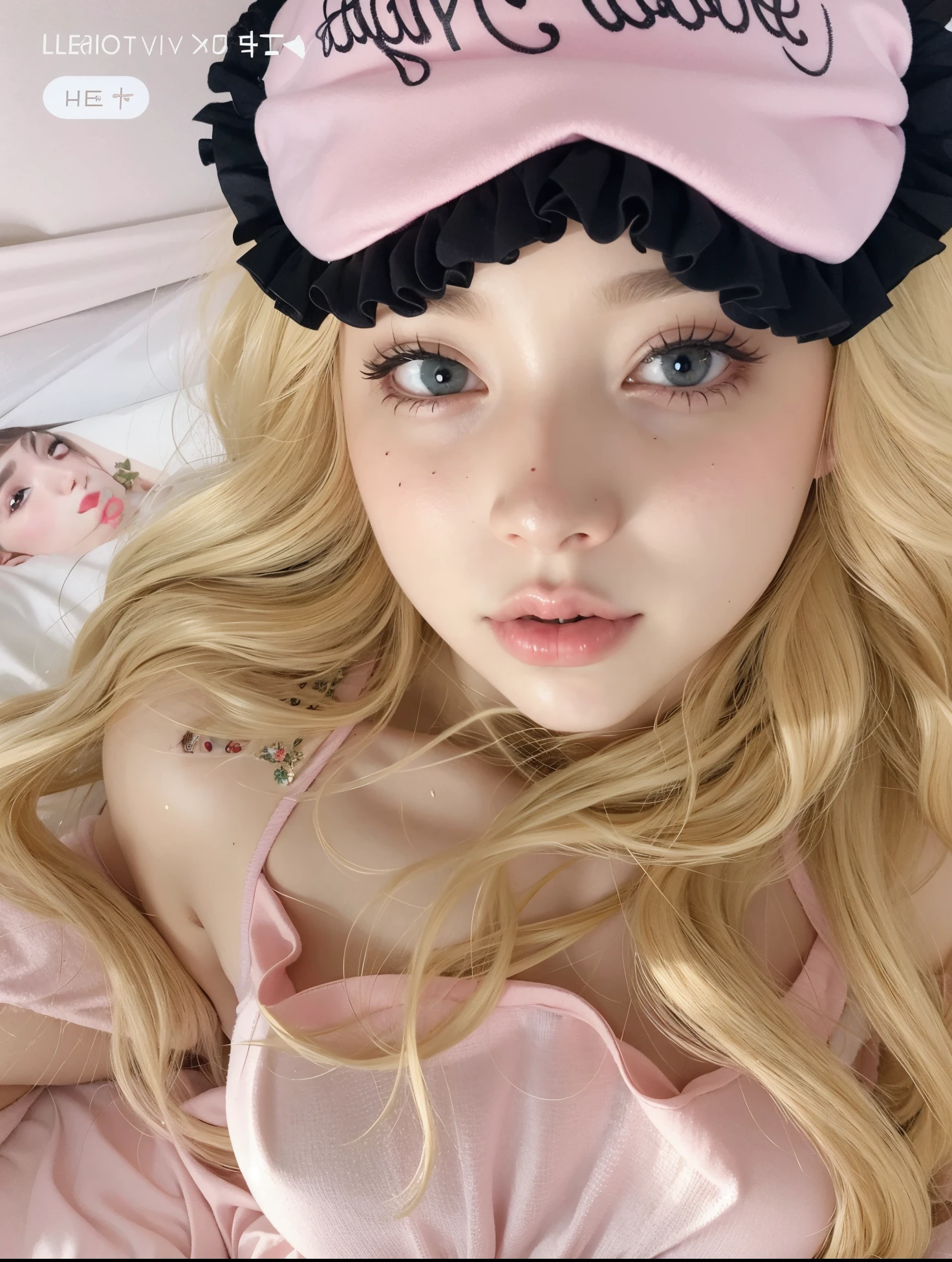 blonde girl with pink sleep mask lying on bed, linda Delphine, Retrato de Kim Petras, ava max, muito bonita gatinha fofa, longos cabelos loiros e olhos grandes, ultrarrealista doce coelhinho menina, longos cabelos loiros e olhos grandes, Sakimichan, kawaii retrato realista, Fairycore, pale porcelain white skin, pale ivory skin, Ulzzang