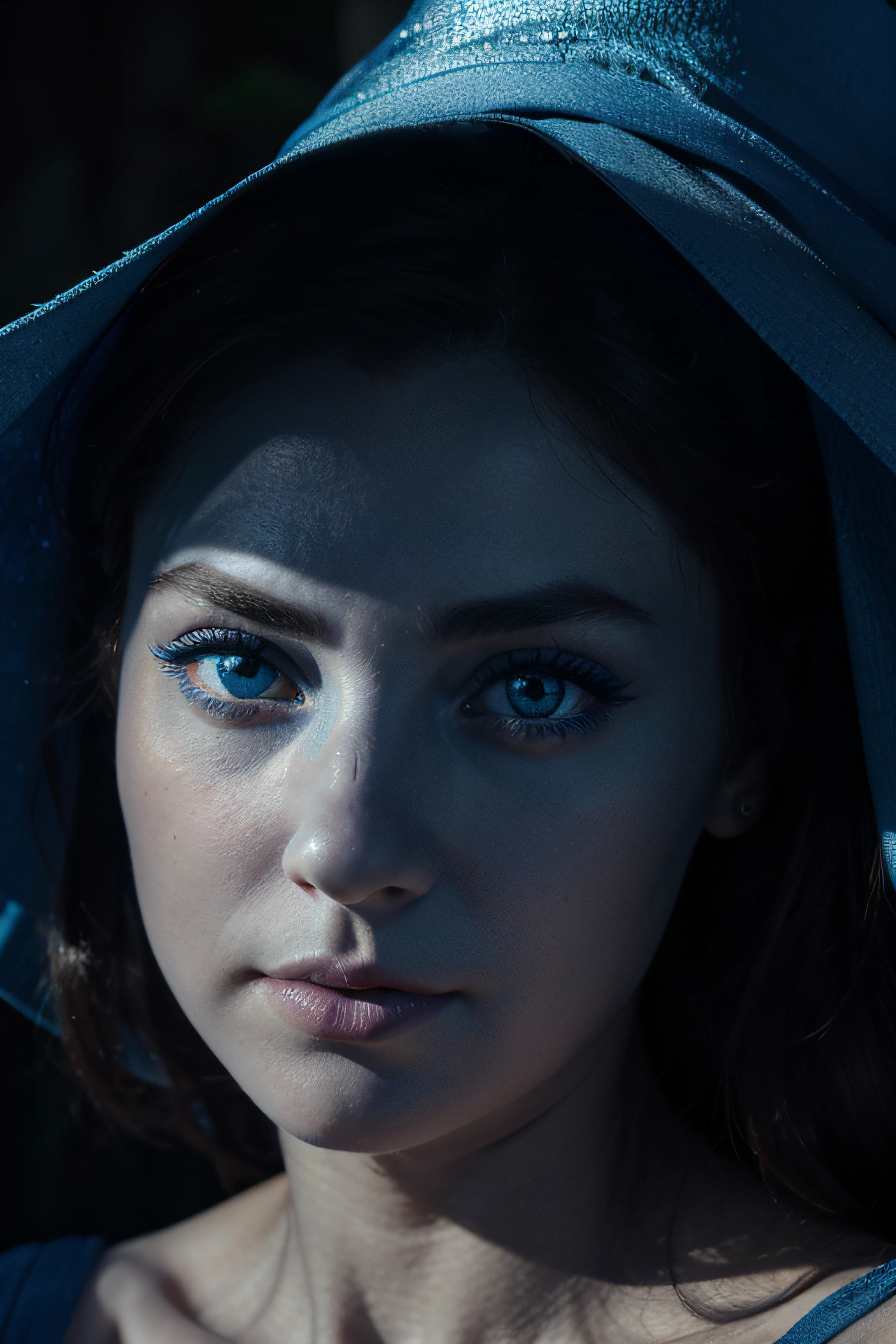 8k image, of a cartoon face of women in shade of blue darkness, the focus is on her eyes, the face close to the camera, mainly emphasis her face, shade the image from brighter to darker from top to bottom. the lady has big blue eyes
