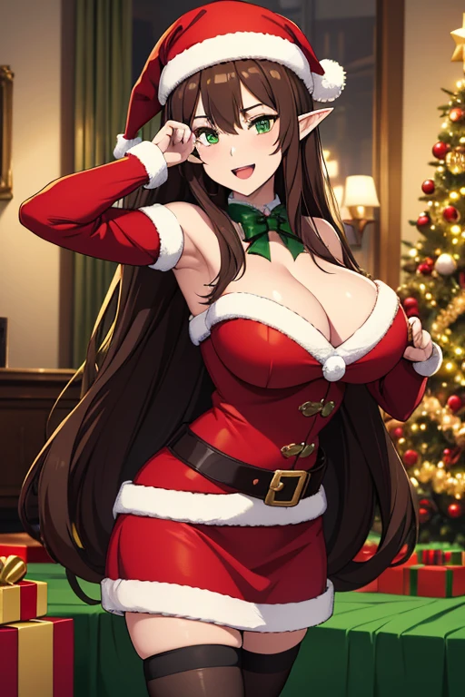 masterpiece, best quality, 1 solo girl, dark brown hair, emerald green eyes, elf ears, very long hair, very wavy hair, Christmas ornaments, very big breasts, beautiful woman (25 years old) body and face, red santa dress, christmas, christmas light, christmas tree, red gloves, red santa skirt, holding gift, red bra, red panty, leg up, cowboy shots, sexy pose, dakimakura, detailed body, face, and eyes, sharp focus, vibrant, creative, dynamic, high definition, high resolution, 8k, (Upscale: R-ESRGAN 4x+ Anime6B), (Image enchance:4x), voluptuous body masterpiece, best quality, highres, ro1, dark Brown long hair, emerald green eyes, belt, black thighhighs, gloves, christmas, cleavage, red capelet, santa hat, dress, standing, peace sign, indoors, christmas, smile, open mouth, big breasts