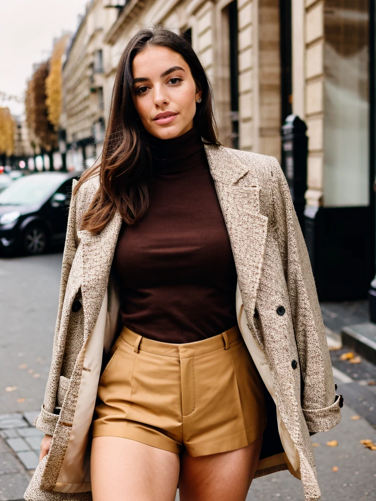 realistic girl, brunette, gorgeous, perfect body, long tan jacket, brown turtleneck, street, Paris
