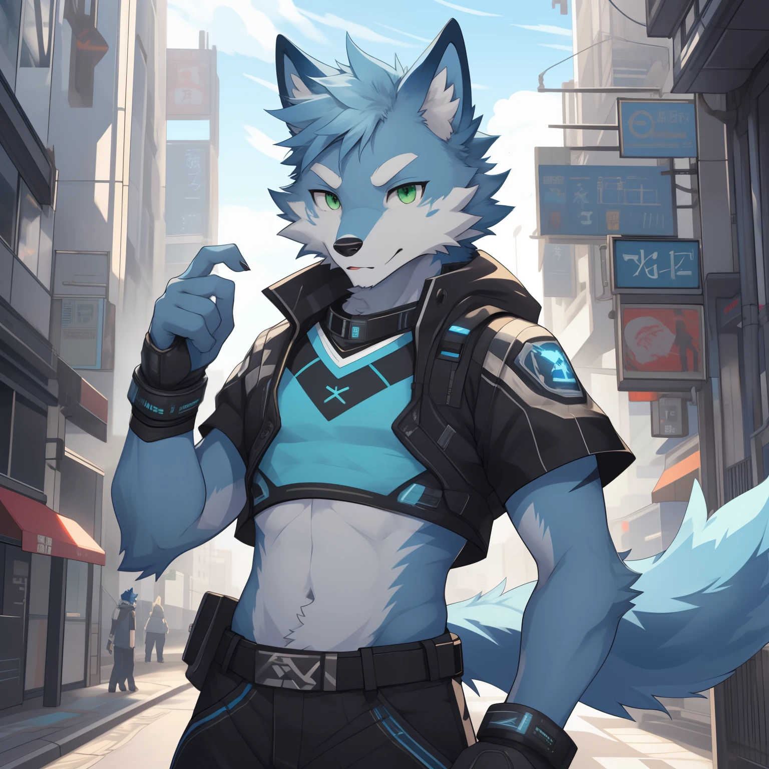 masterpiece, solo, 1boy, Furry, kemono, furry wolf, anthropomorphic, male, green eyes, (blue fur, blue skin), femboy, blue sci-fi clothes, crop top, city, uploaded on e621,