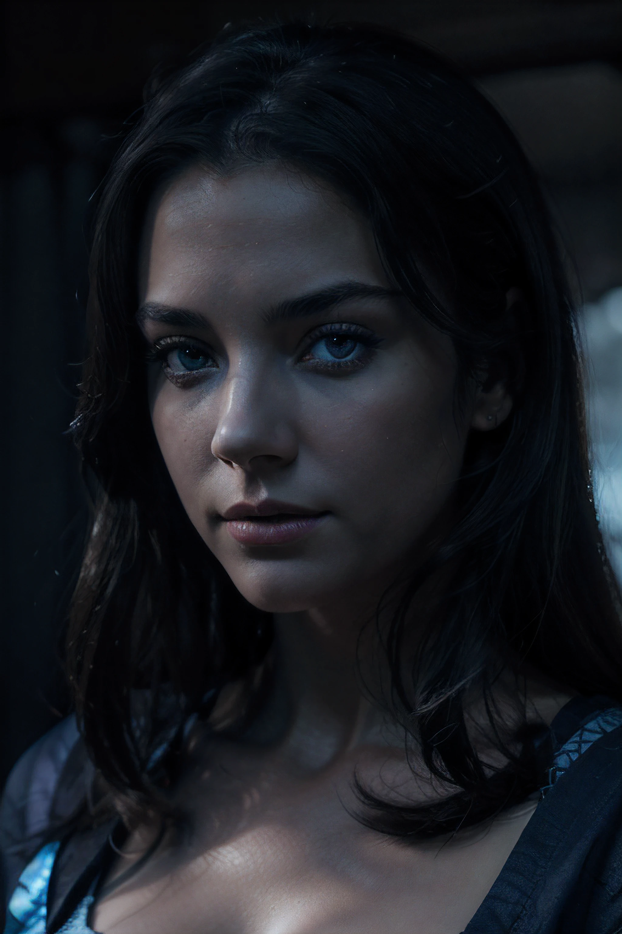 high resolution image 8k of a animation women in shade of darkness, the focus is on her eyes, the face mainly emphasis her face, the face takes most of image , the background is dark blue, goes from bright top blue to dark blue at the bottom of the image