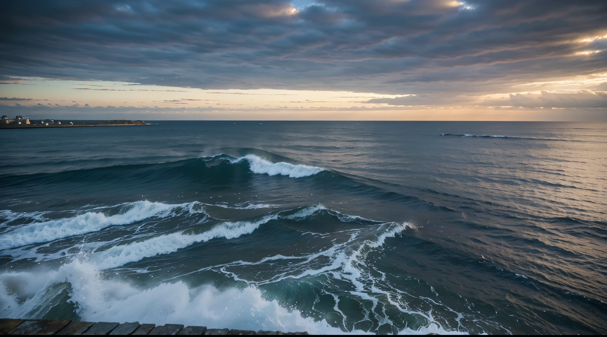 ​masterpiece、top-quality、Movie stillare　Southern　Winterackground with　cloudiness　eveninurky　Calm sea　breakwater　云　Ephemeral　By the sea　　greys
