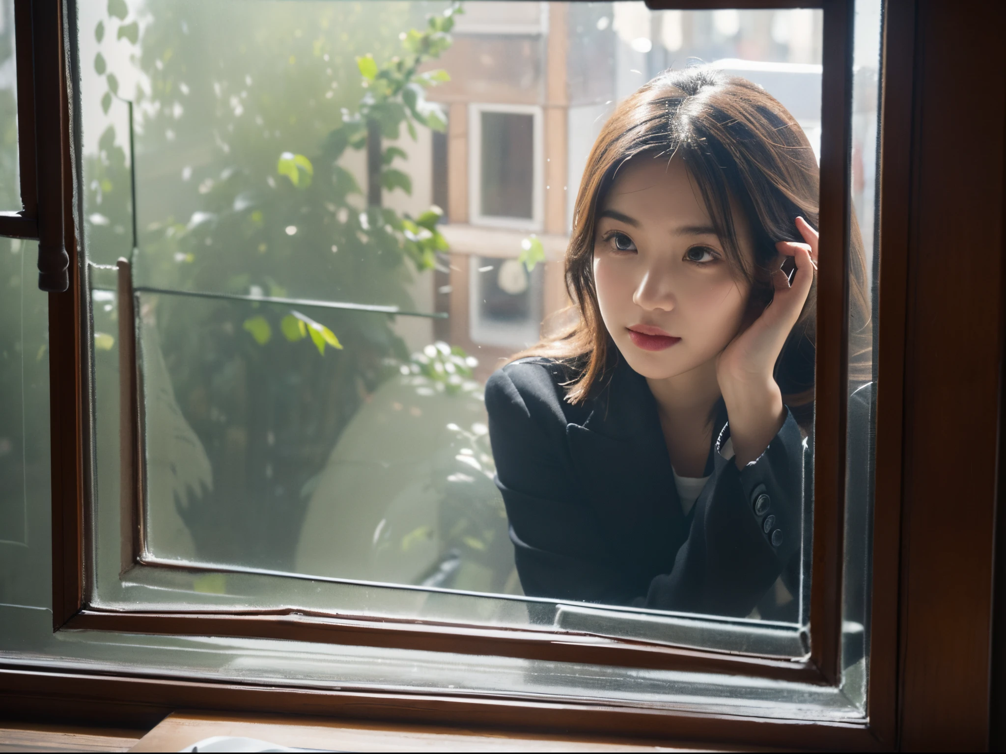 1girl, a woman sitting by the window of a coffee shop drinking coffee, a picture of the inside outside the window, (shot on out of the window:1.5), (face that visible through the glass:1.5)