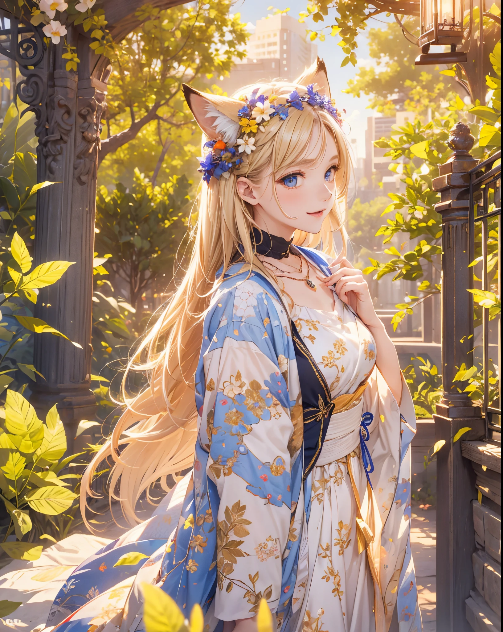 absurderes, ultra-detailliert,bright colour,masuter piece,extremely beautiful detailed face and eyes,Highest quality 8K resolution,Realistic, Vibrant colors, Soft tones, Warm and gentle lighting,(Smooth straight blonde hair:1.2),(Hair parted in the middle:1.2),(Glowing hair),(cobalt eyes:1.3),(Nostalgic atmosphere),A city surrounded by mysterious boundaries,Cool morning clouds are calm and peaceful,The tree々Gentle sunlight illuminates the space.,Like multicolored glass,Garden Girl,gentle sunlight,Soft breeze,Delicate flowers,Butterflies flutter by,Mesmerizing natural beauty,Fragments of Shining Stars,Fox personification,A smile、Blushing、Red Moon、Yellow skin、Yellow mesh、yellow thin kimono、Autumn leaves at night、Valley、double tooth、Small necklace
