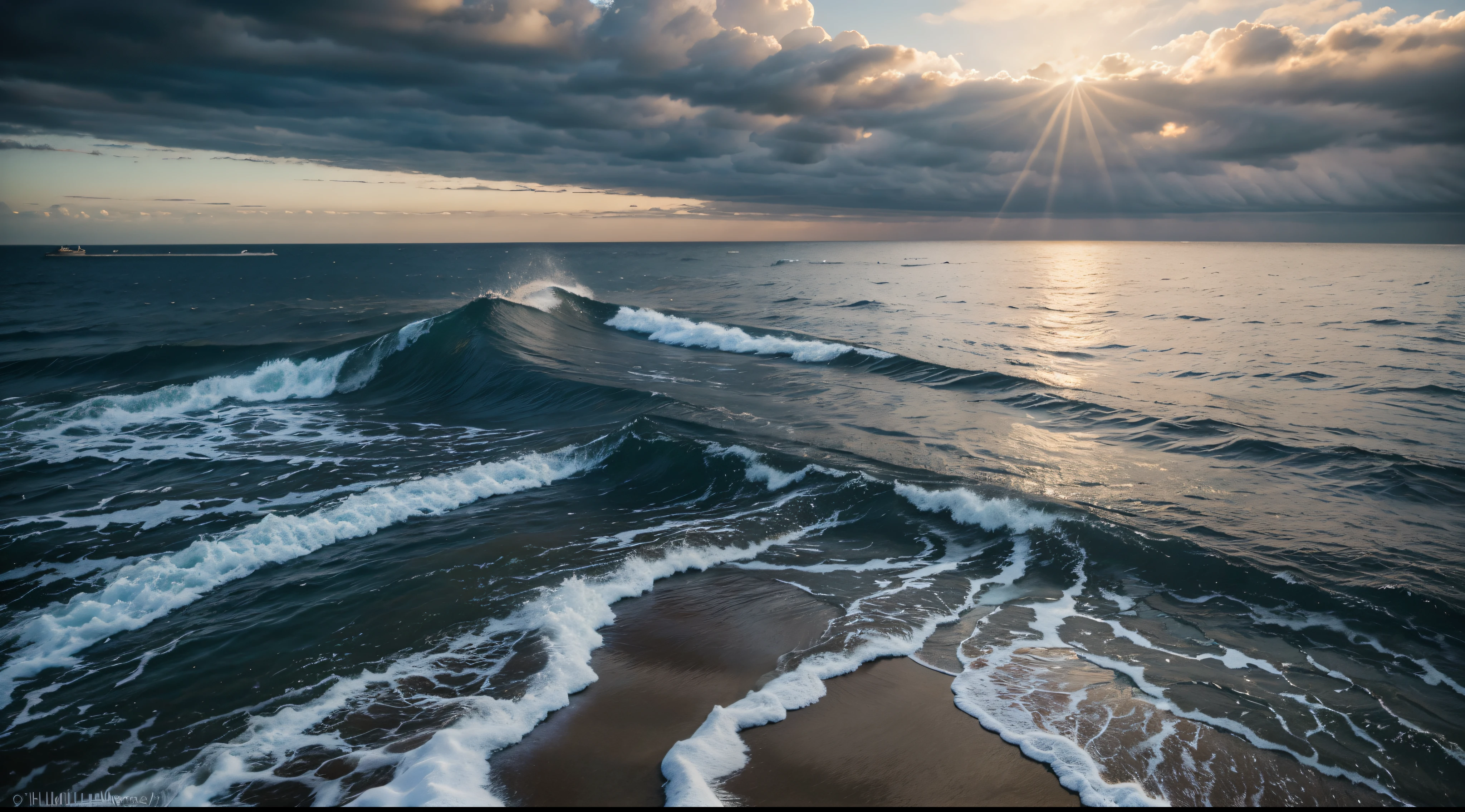 ​masterpiece、top-quality、Movie stillare　Southern　Winterackground with　cloudiness　eveninurky　Calm sea　breakwater　云　Ephemeral　By the sea　　greys