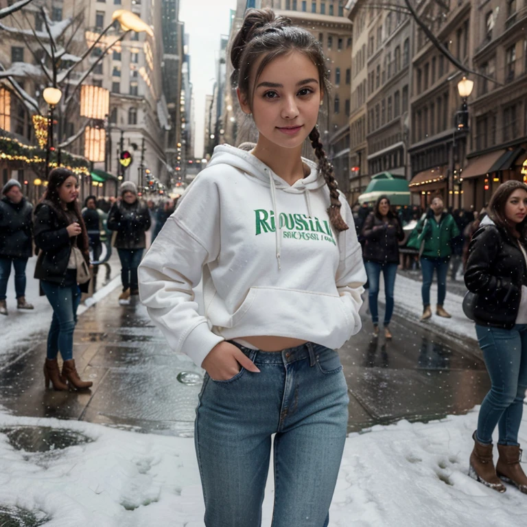 best quality, masterpiece, (realistic: 1.2), 20-year-old Italian woman, cute face, small ite body, small lean butt, modern style, detailed face, detailed eyes, green eyes, thin lips, French braid hair, happy expression, detailed skin, near Rockefeller Christmas Tree, wearing jeans and hoodie, heels, snow fall