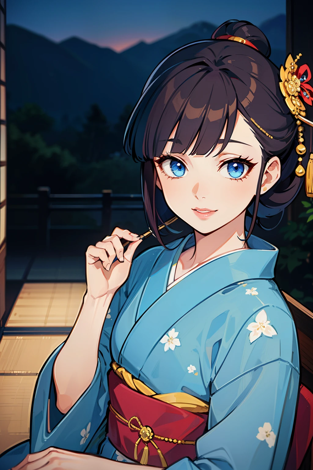 (high-quality, breathtaking),(expressive eyes, perfect face) (((yukata, sexy lips)), 1girl, female, solo, young adult, brown hair, blue streaks, blue coloured eyes, stylised hair, gentle smile, short length hair, loose hair, side bangs, curley hair, japanese clothing, elegant, soft make up, hair pin accessory in hair, oiran, demon slayer art style