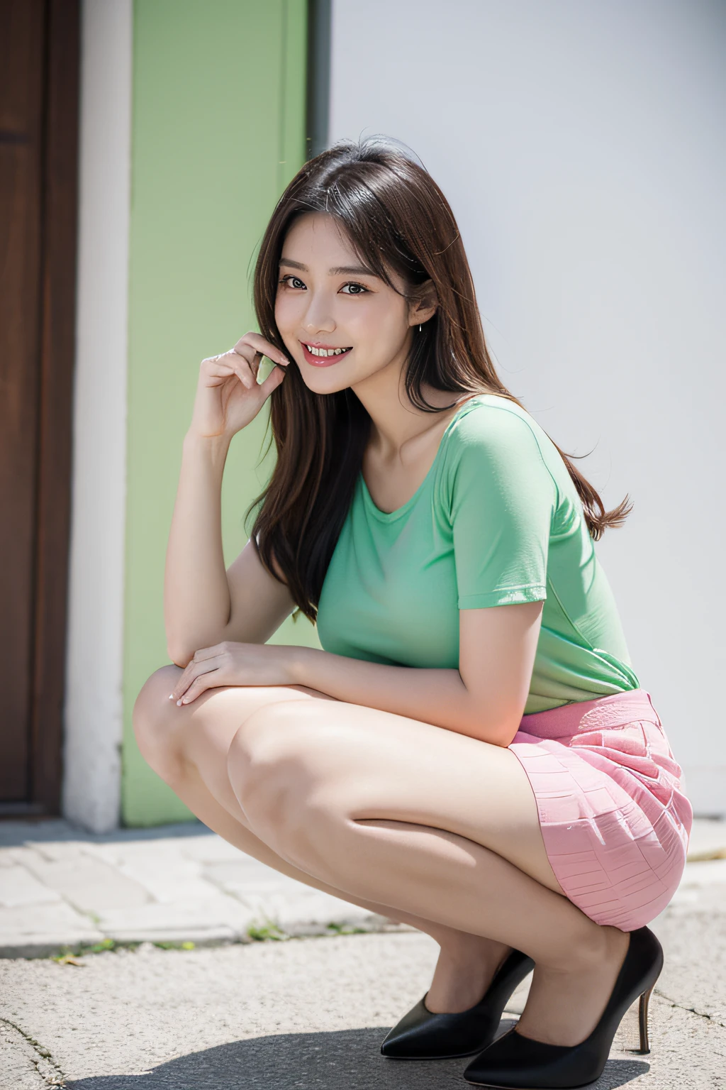 Cute smile,Arafed woman wearing pink shirt and green skirt squatting, a portrait by Juan O'Gorman, Tumbler, Digital Art, 2 female model, beautiful image, rendered, ,Shoulder out,A sexy,Black heels,Colossal tits