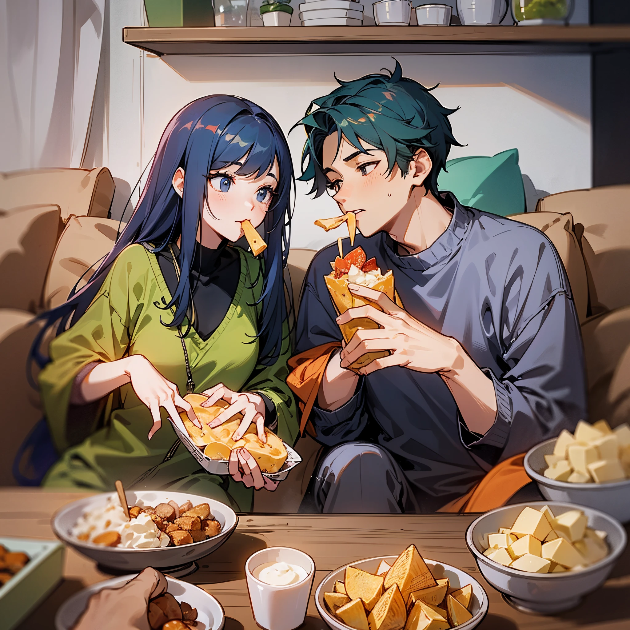 Anime couple eating food on a couch in a living room - SeaArt AI